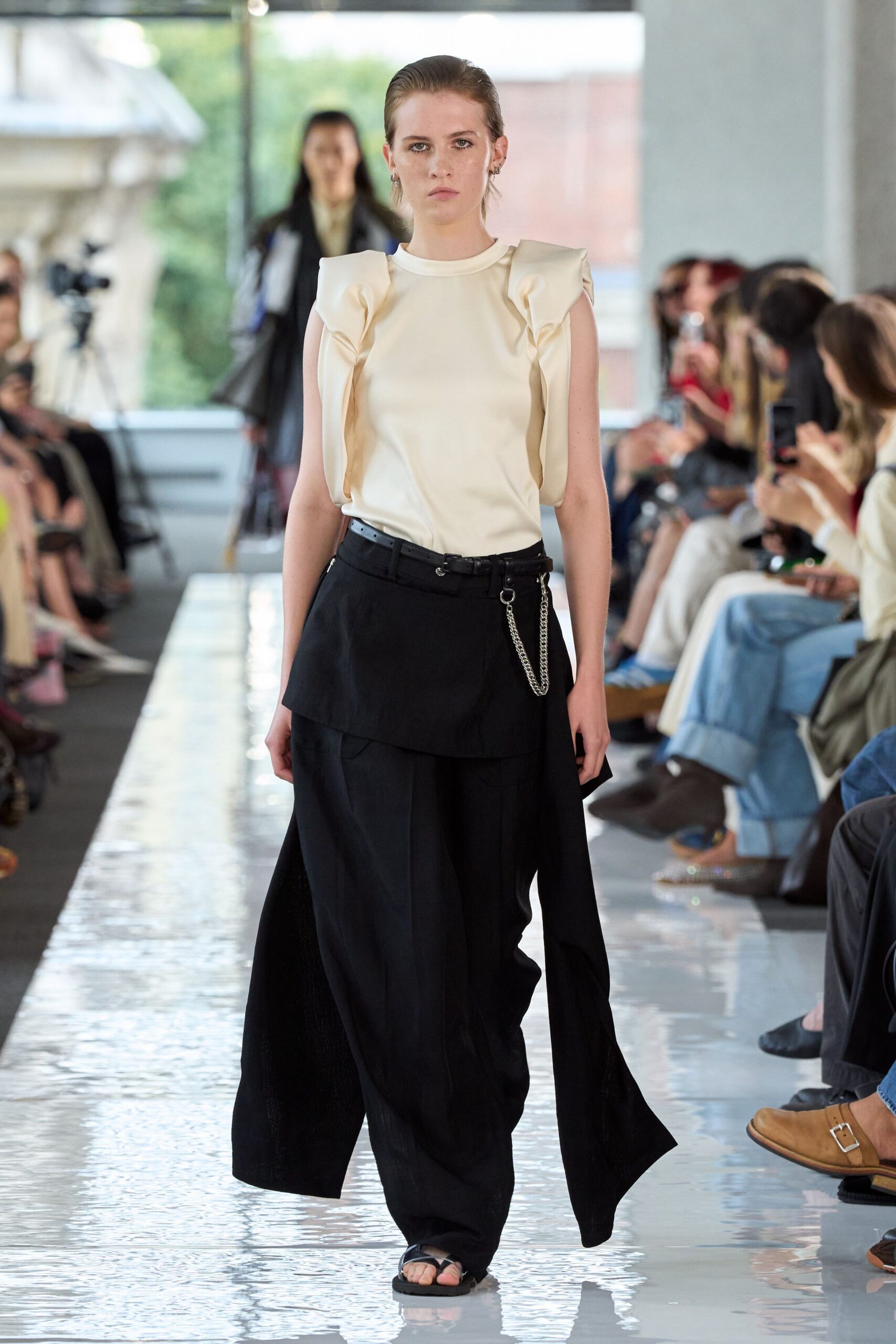 ivory silk sleeveless high-neck fitted ruffled top