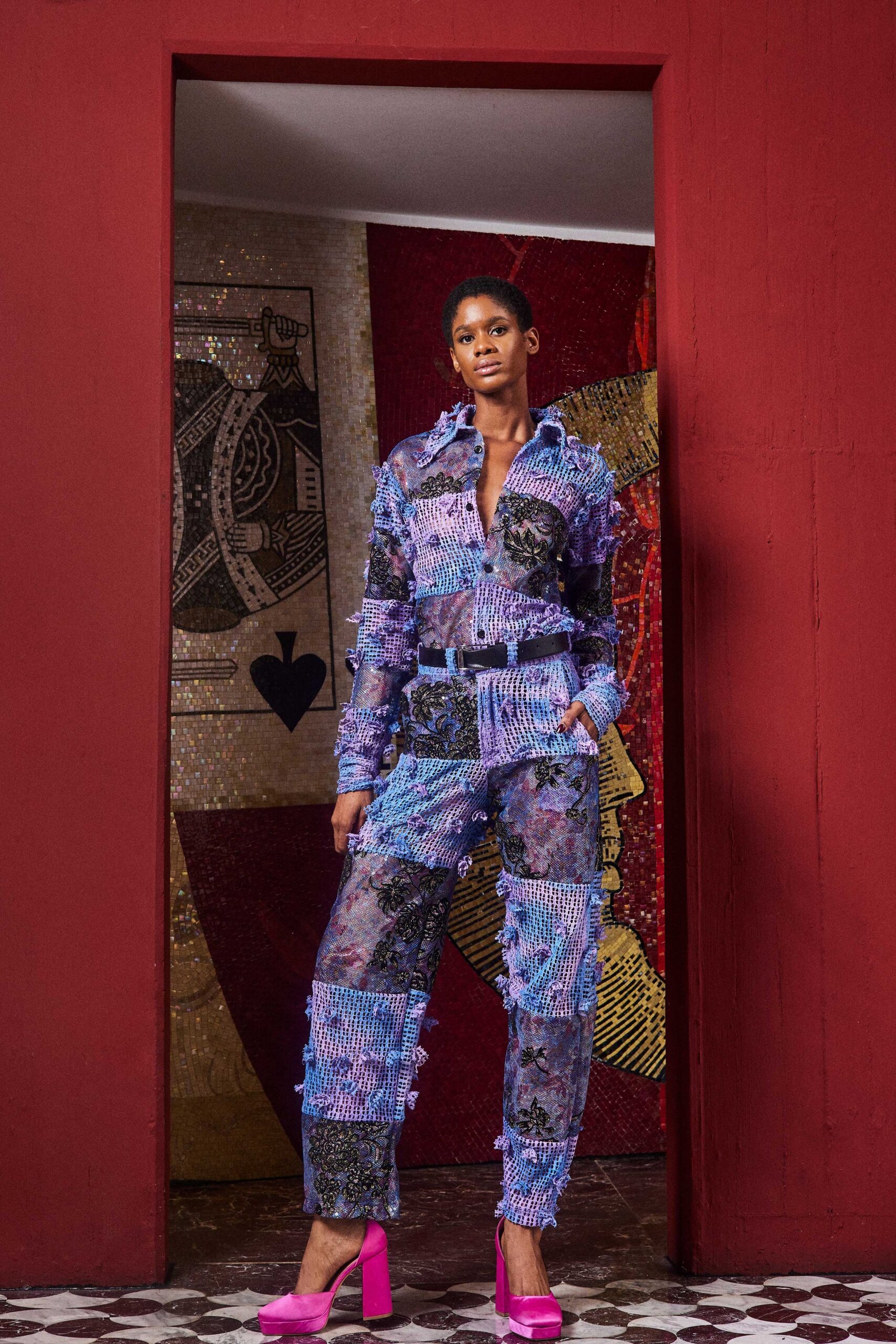 purple blue pleated shirt and pants