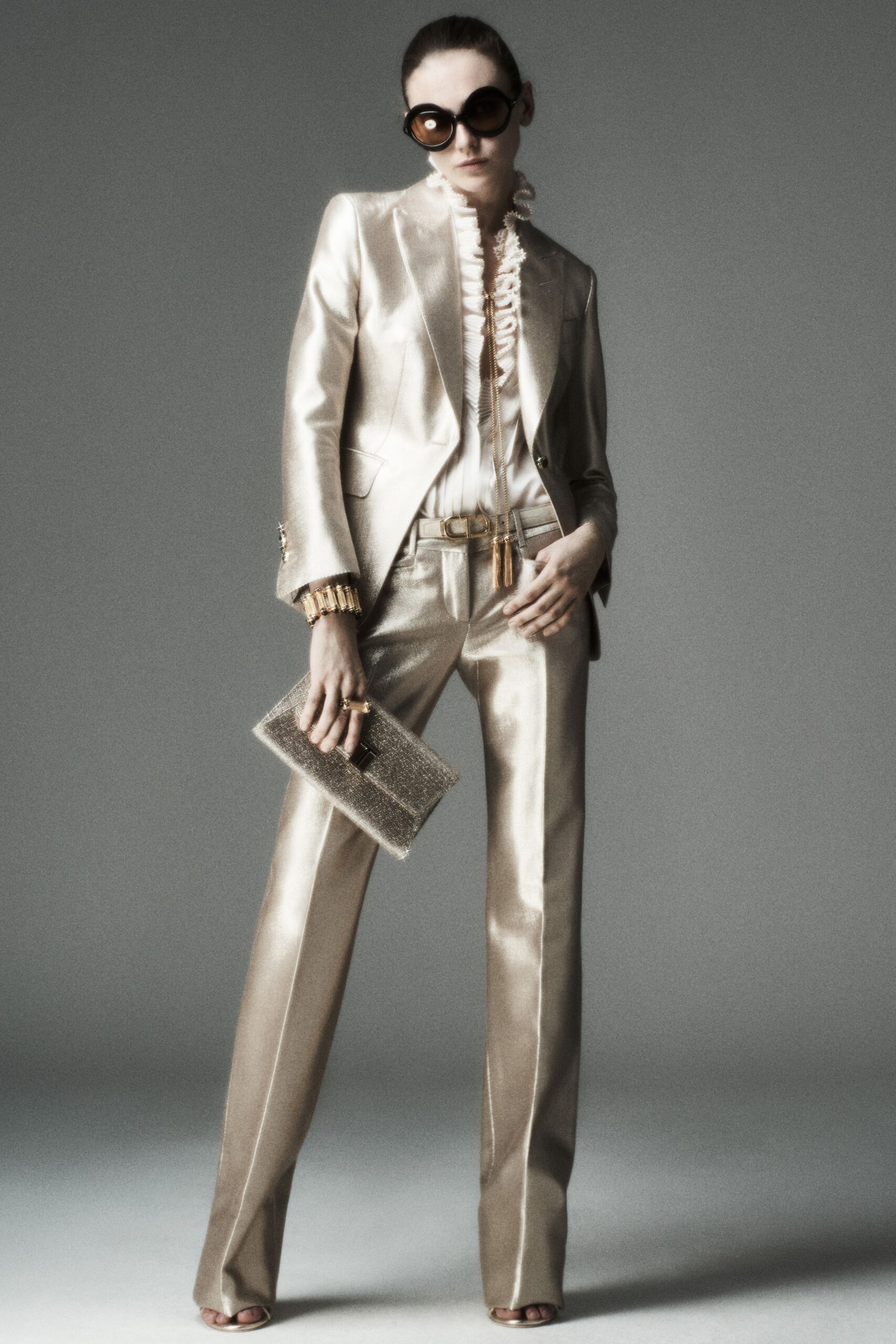 gold satin long-sleeve collared tailored pleated shiny suit