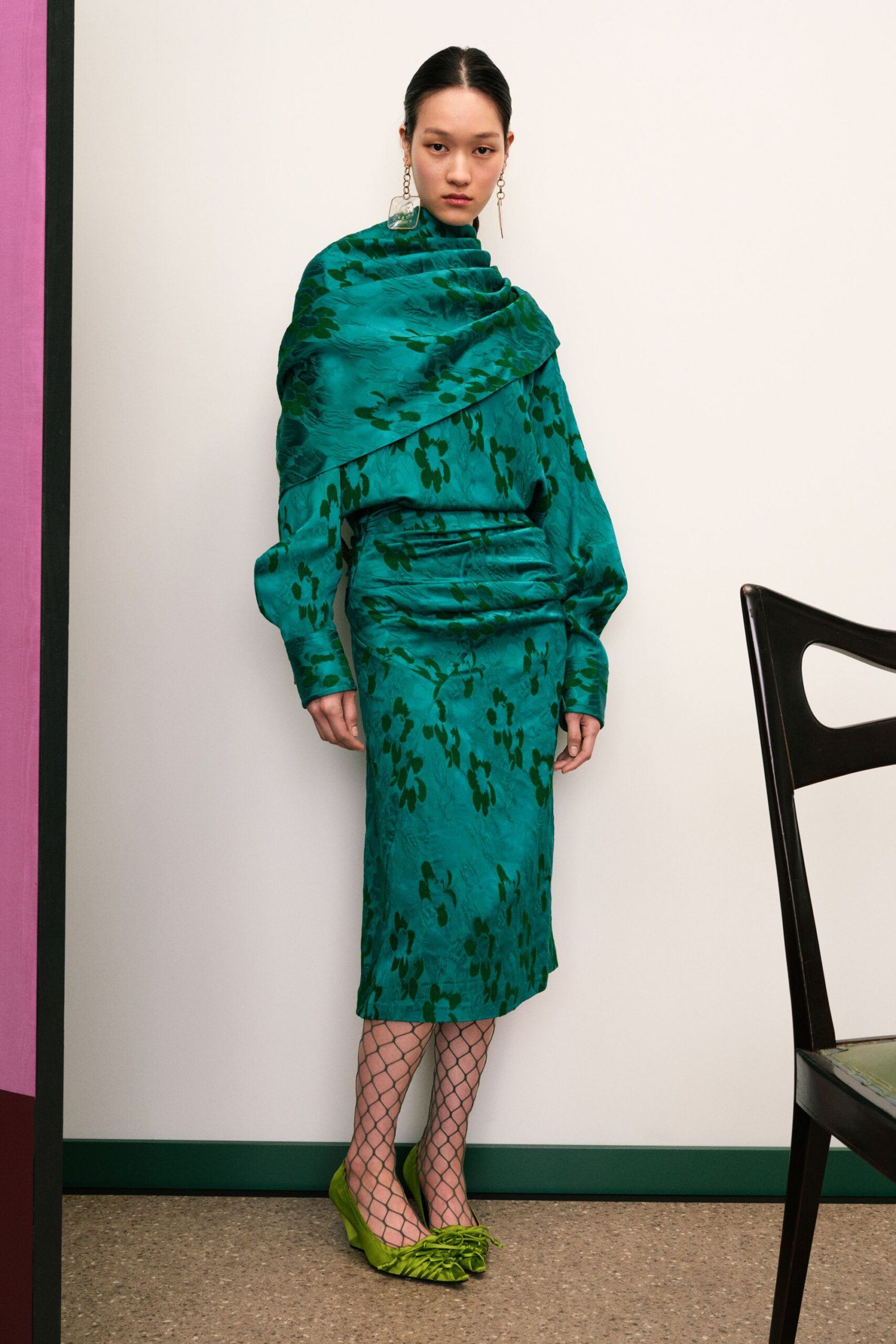 green floral midi dress with shoes