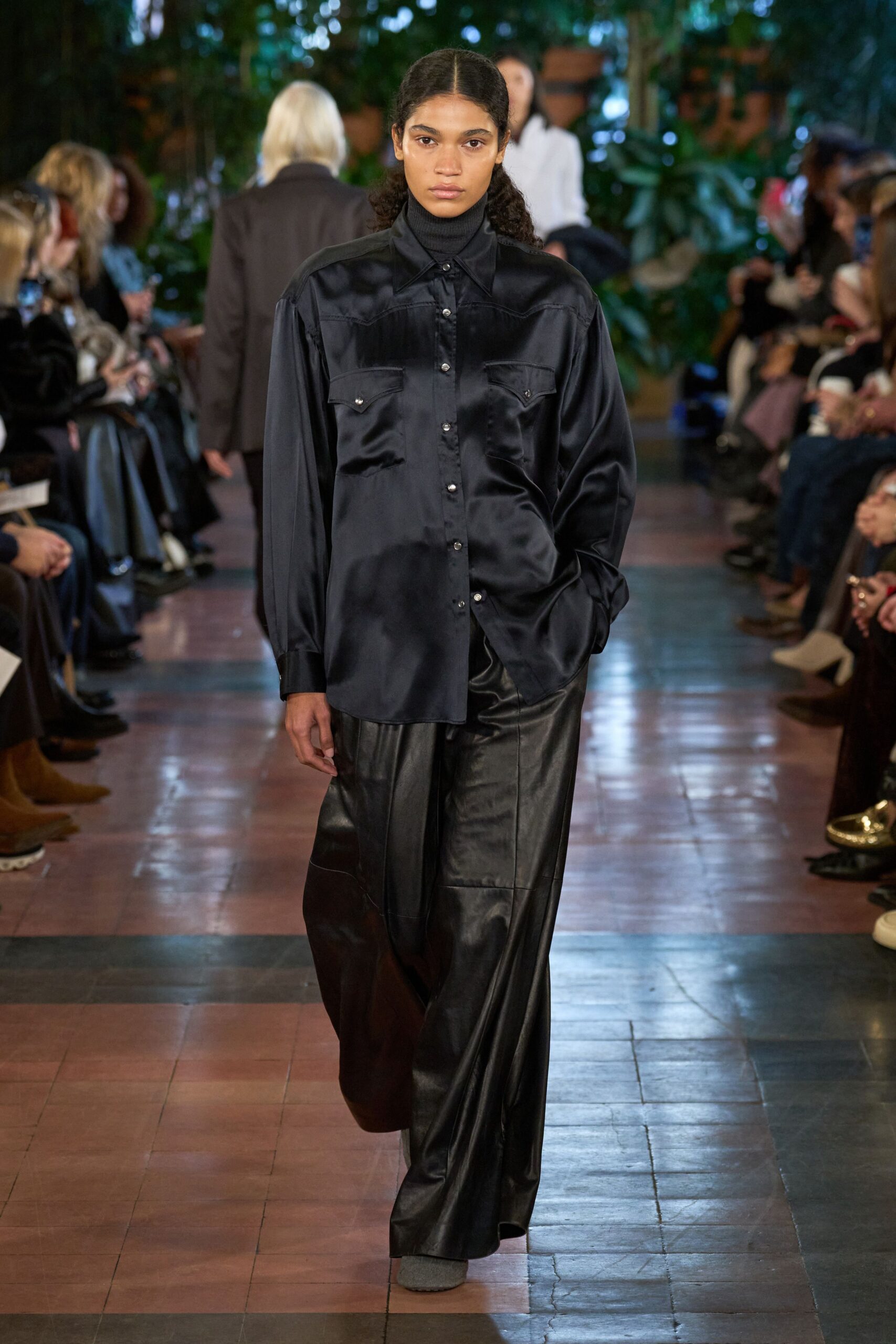 black silk long-sleeve collared relaxed buttoned shirt