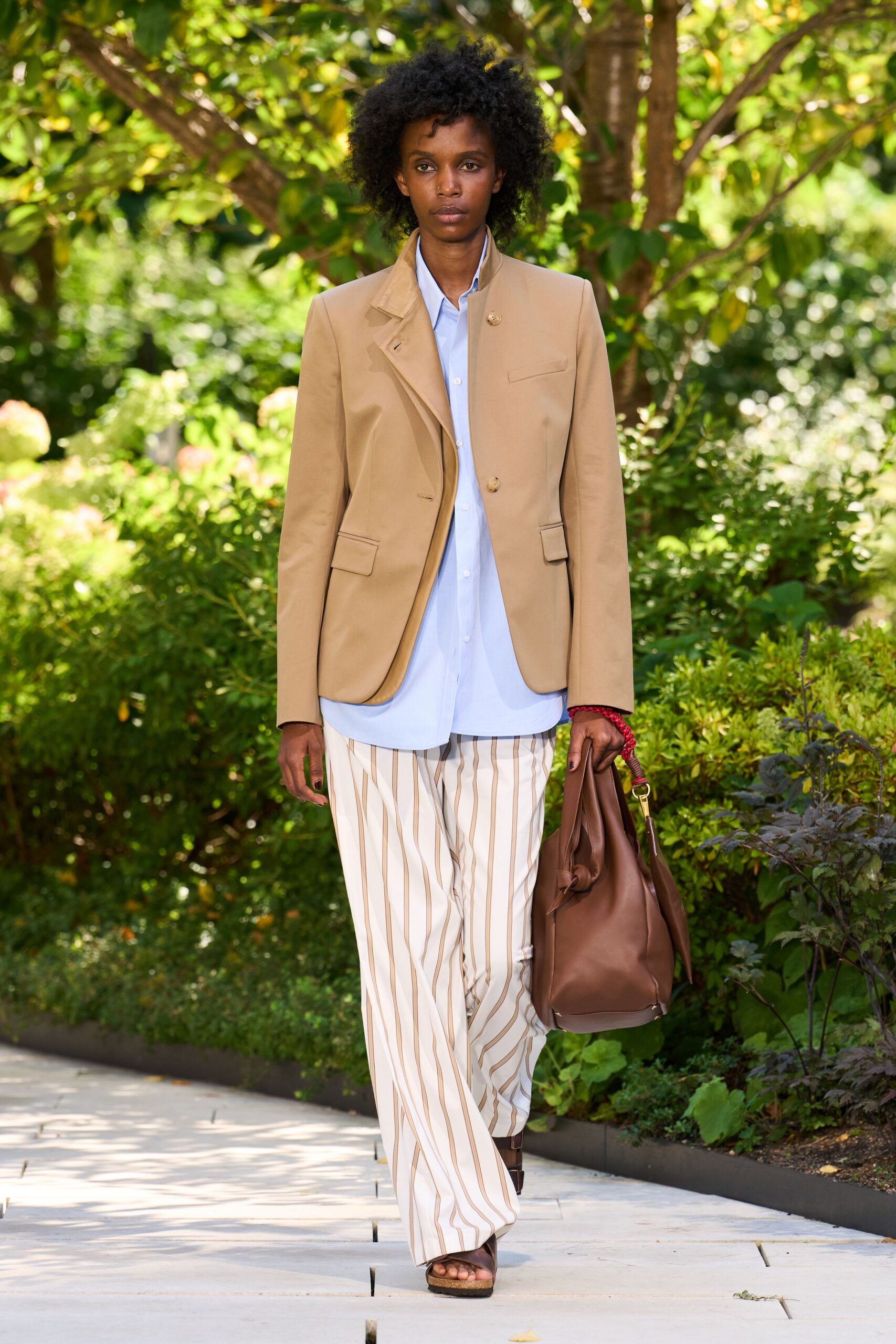 beige blazer blue shirt striped pants