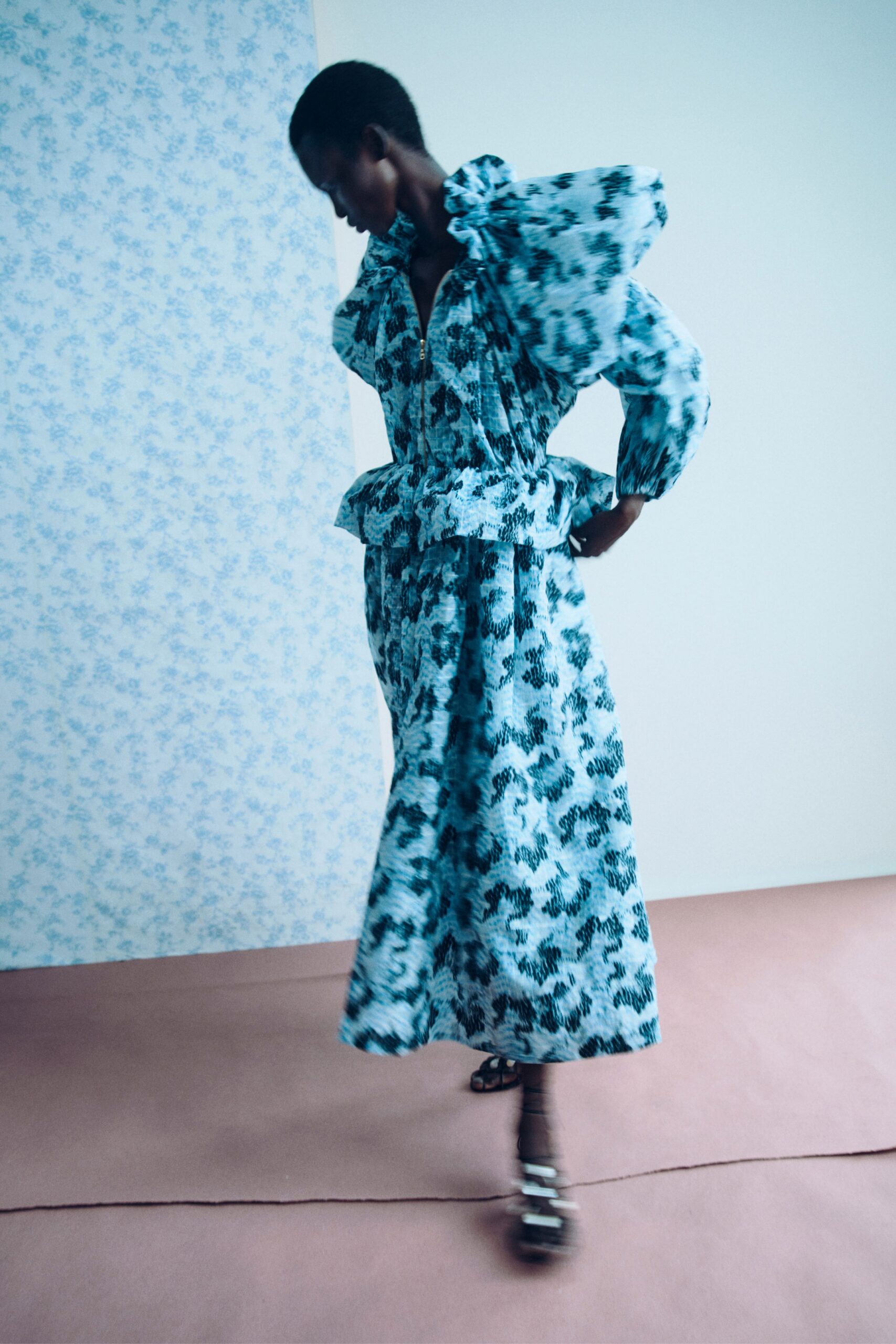 blue cotton long-sleeve collared fitted ruffled flared dress
