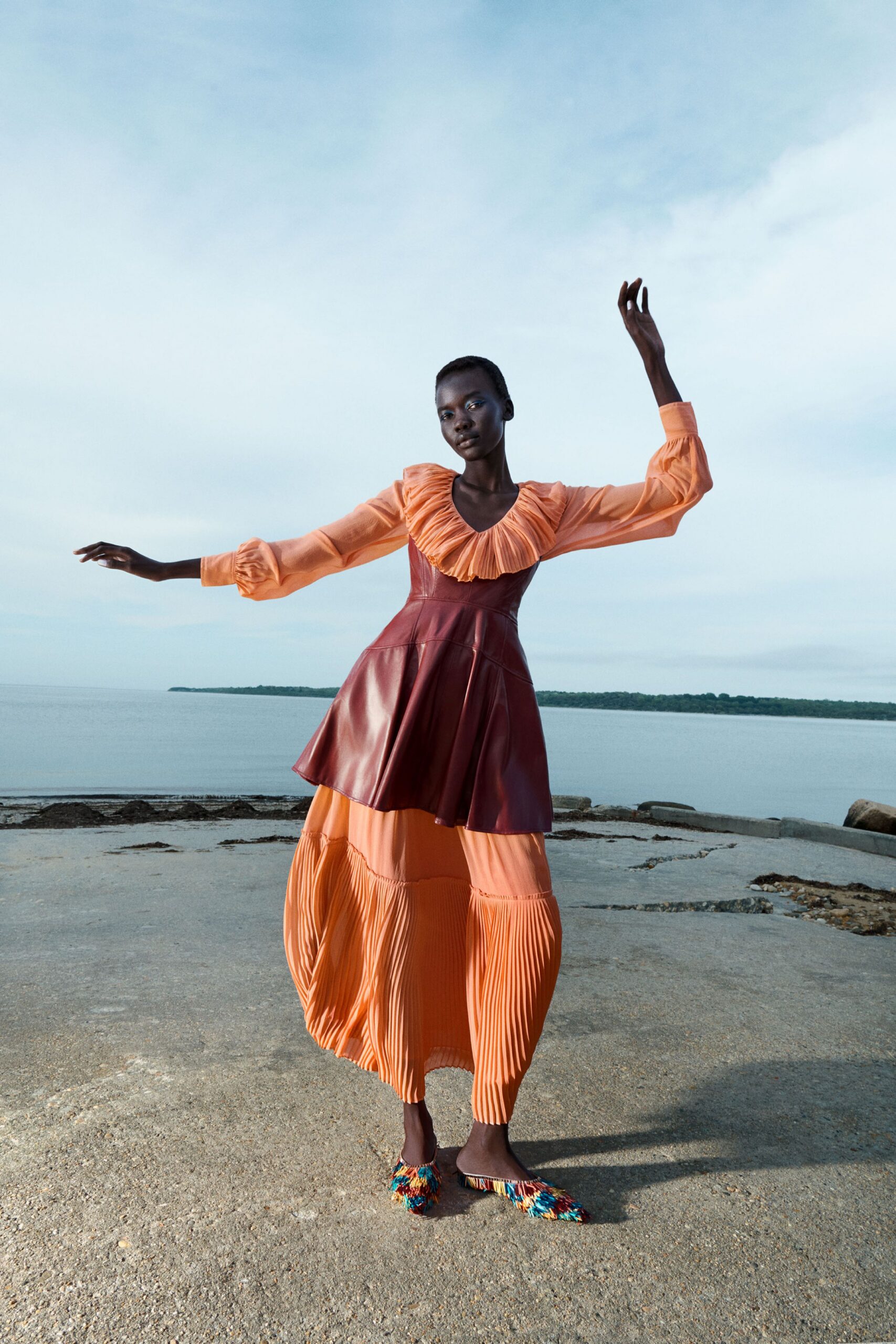 orange silk long-sleeve v-neck fitted pleated ruffled dress
