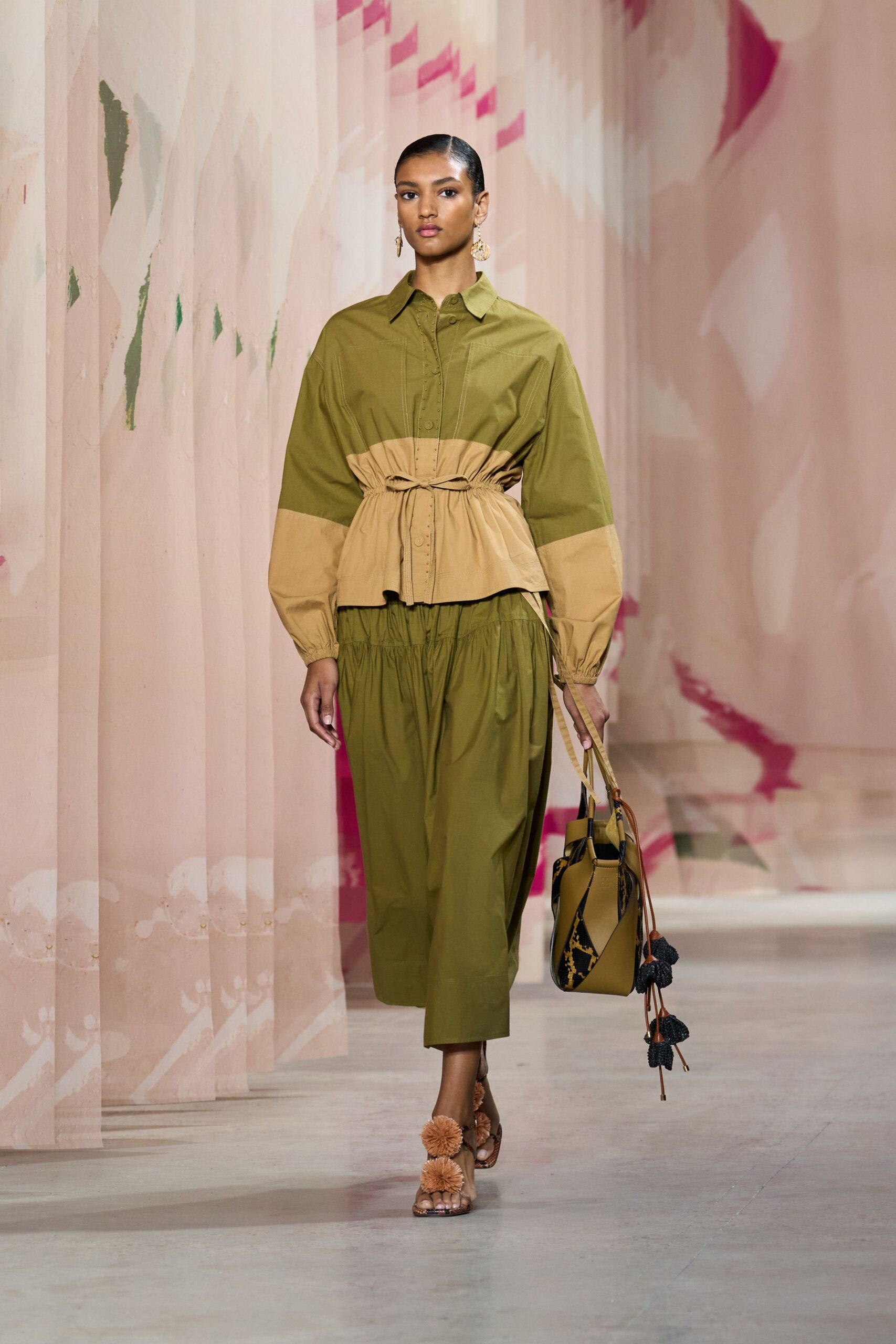 green beige relaxed top with tiered skirt