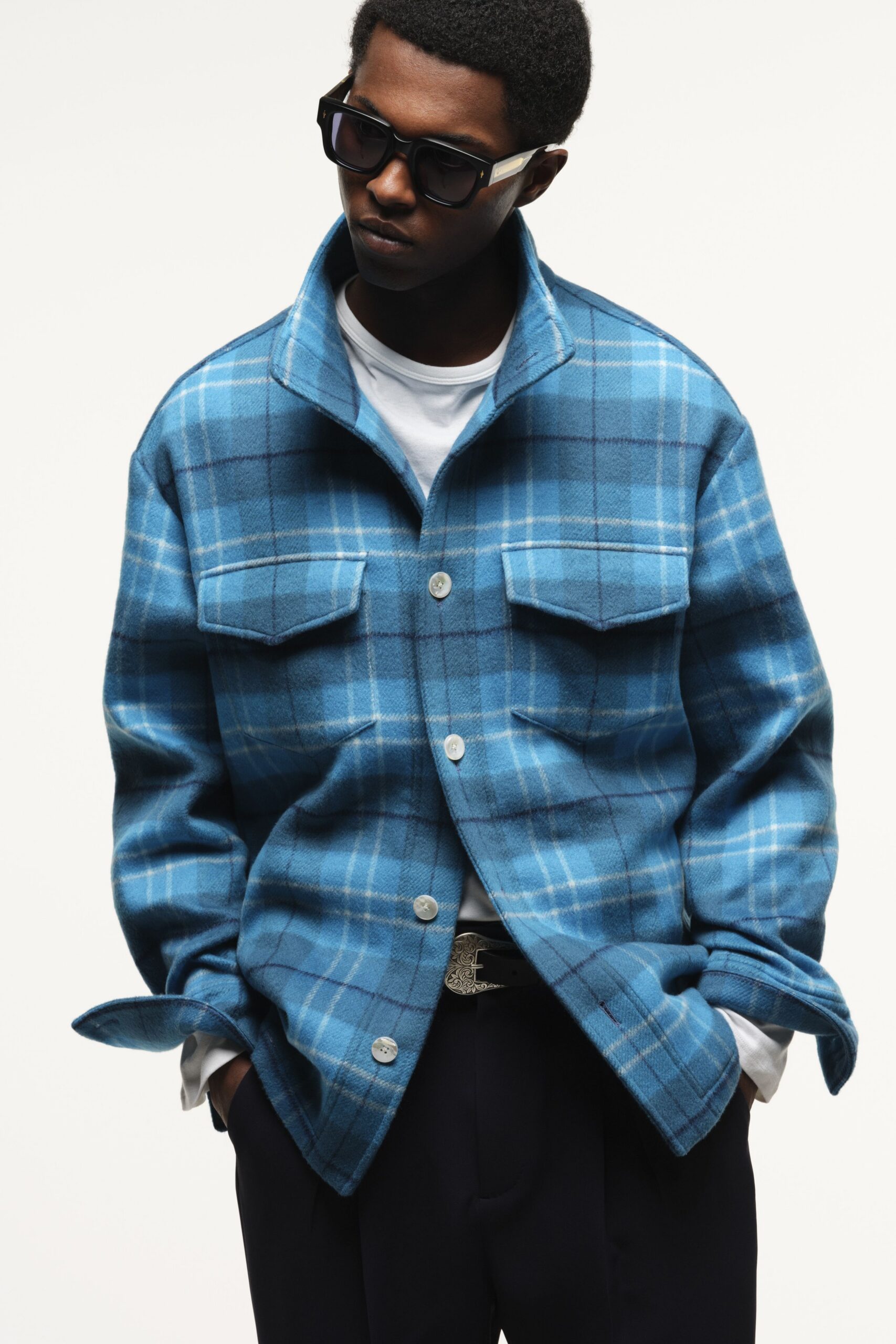 blue checked jacket with t-shirt