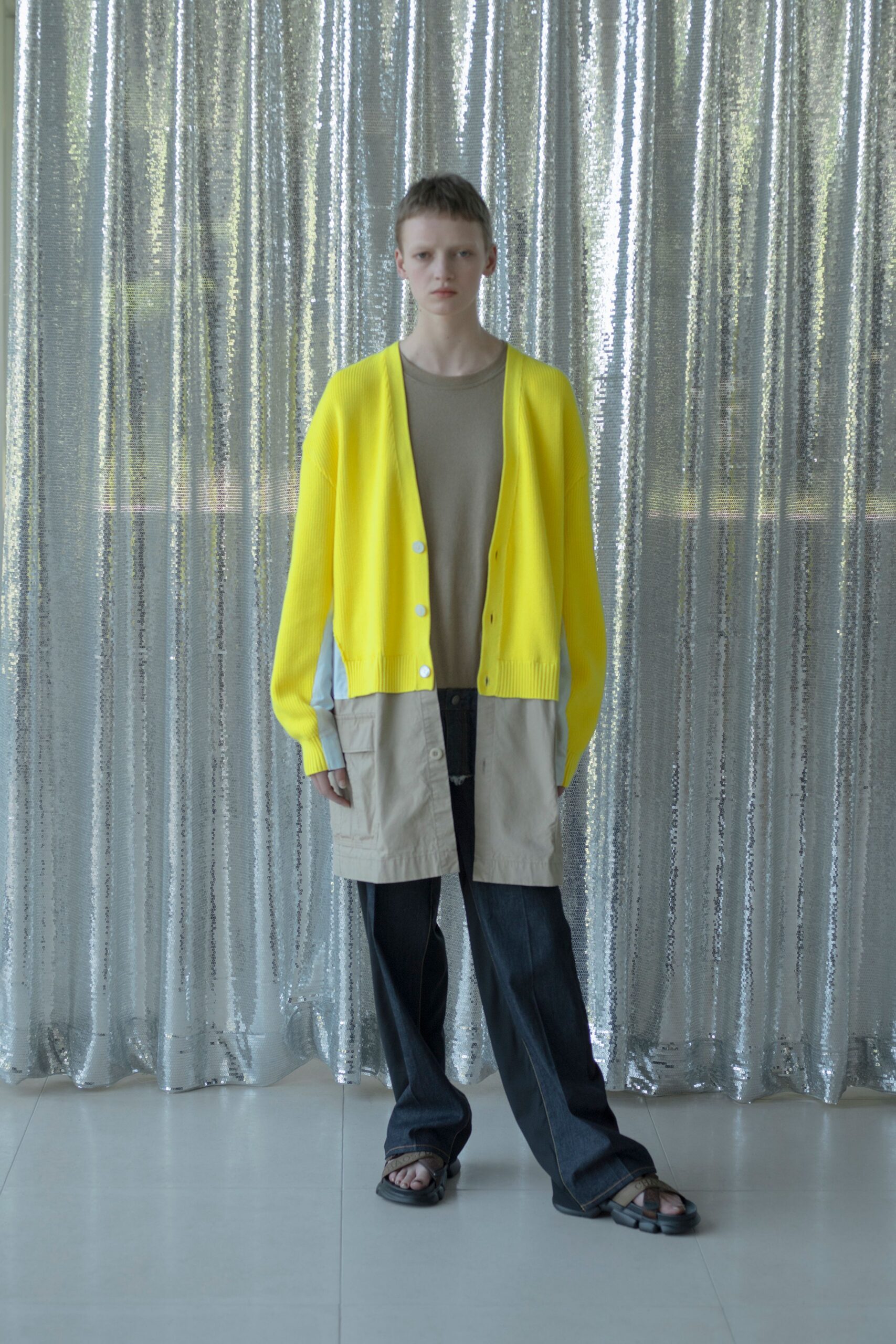 yellow cotton long-sleeve collared relaxed buttoned cardigan