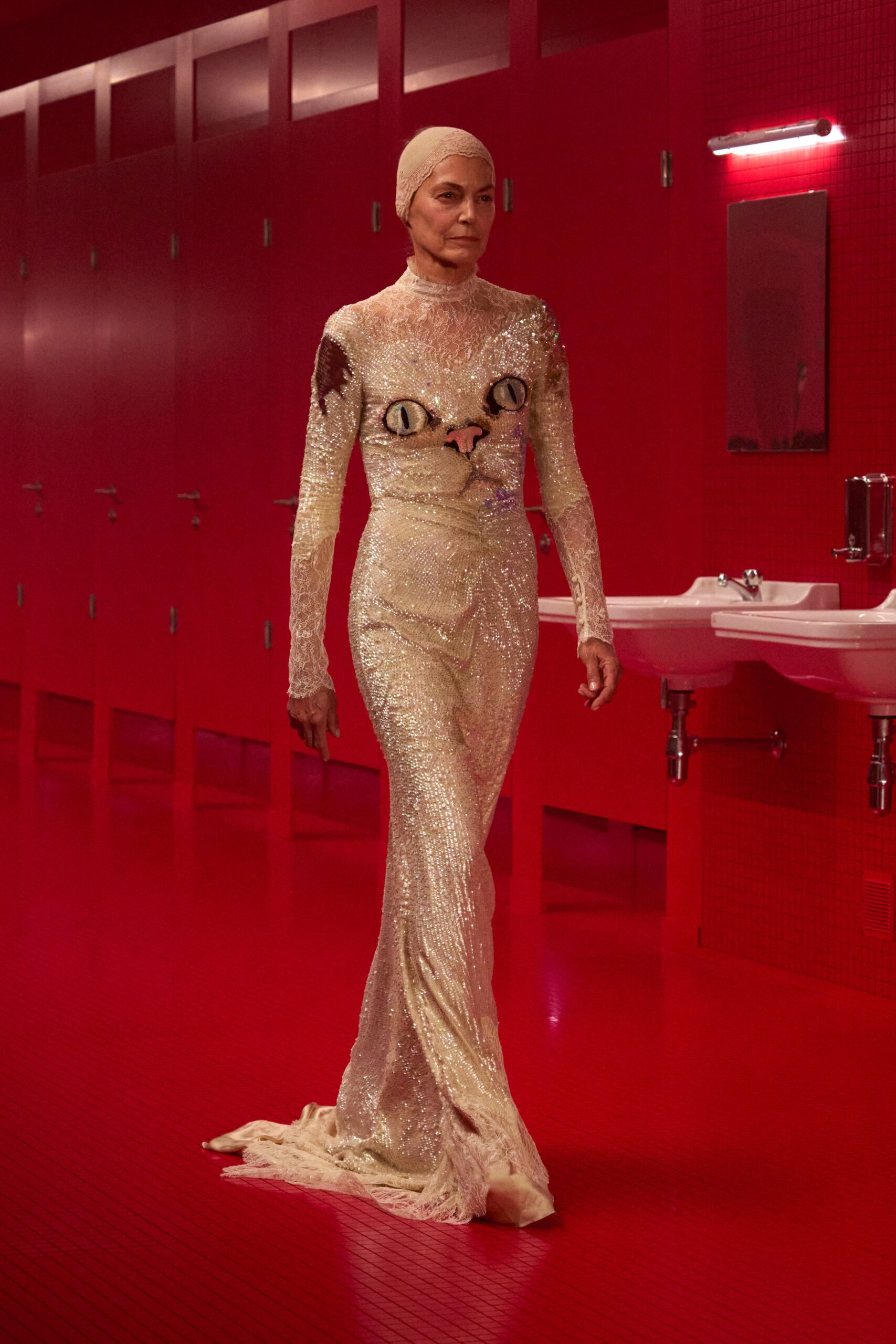 gold long-sleeve high-neck fitted sequined embellished shiny gown