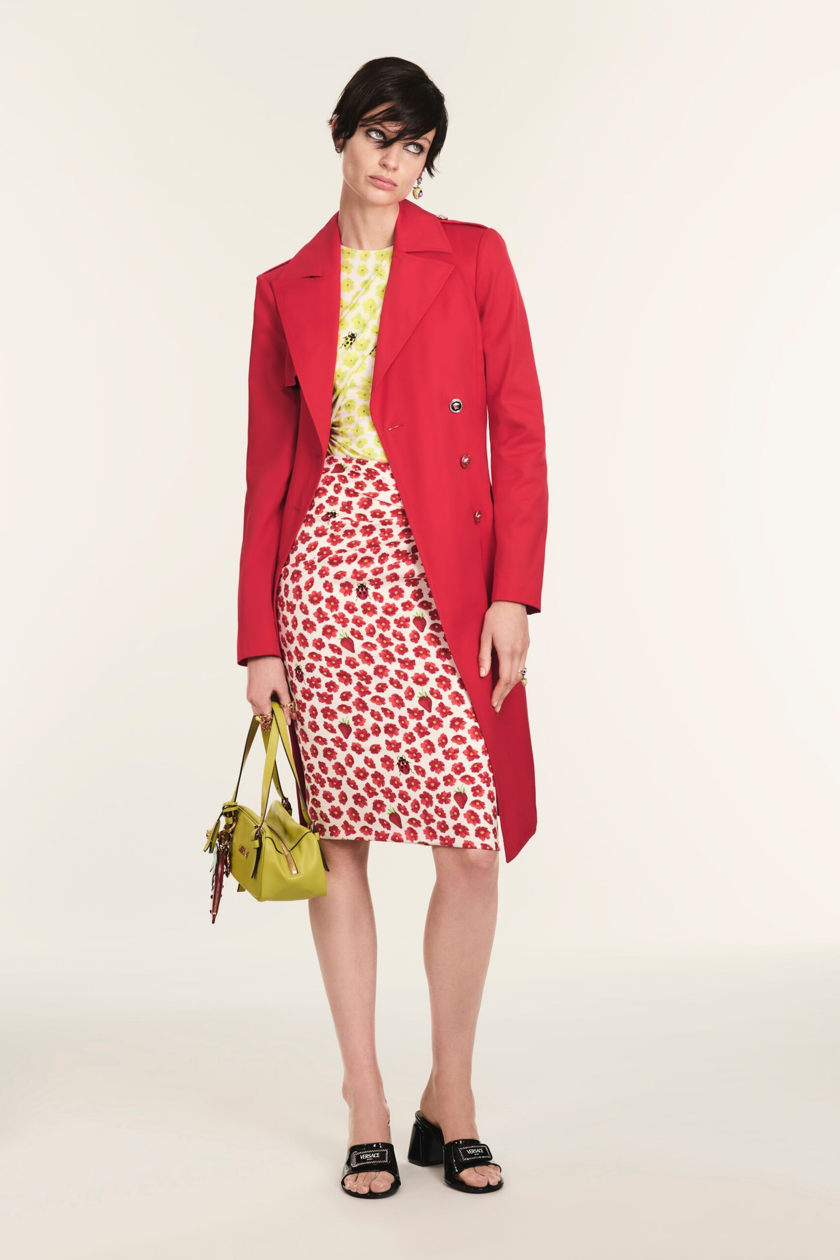red long-sleeve double-breasted tailored coat