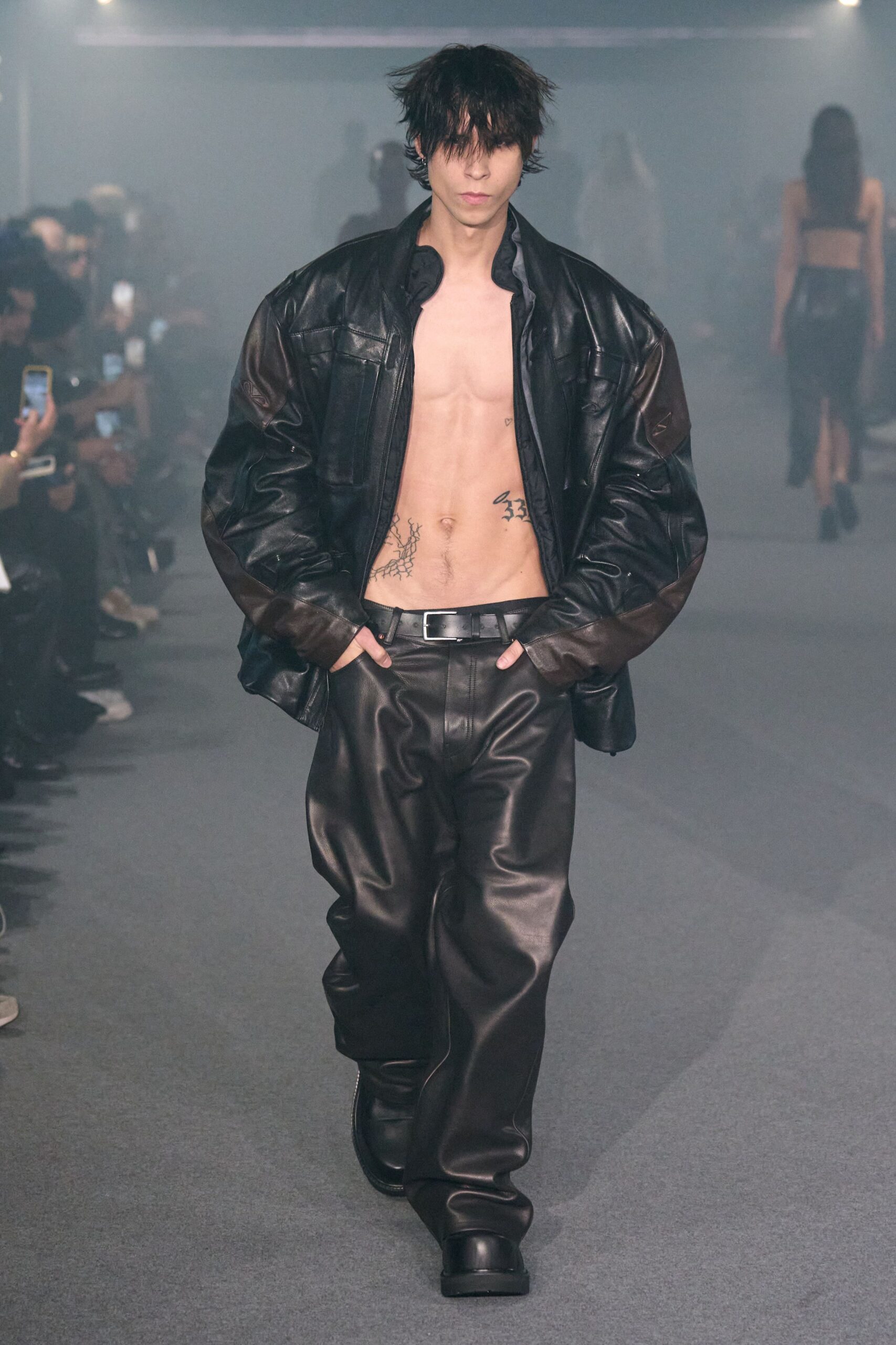 black leather oversized jacket and pants