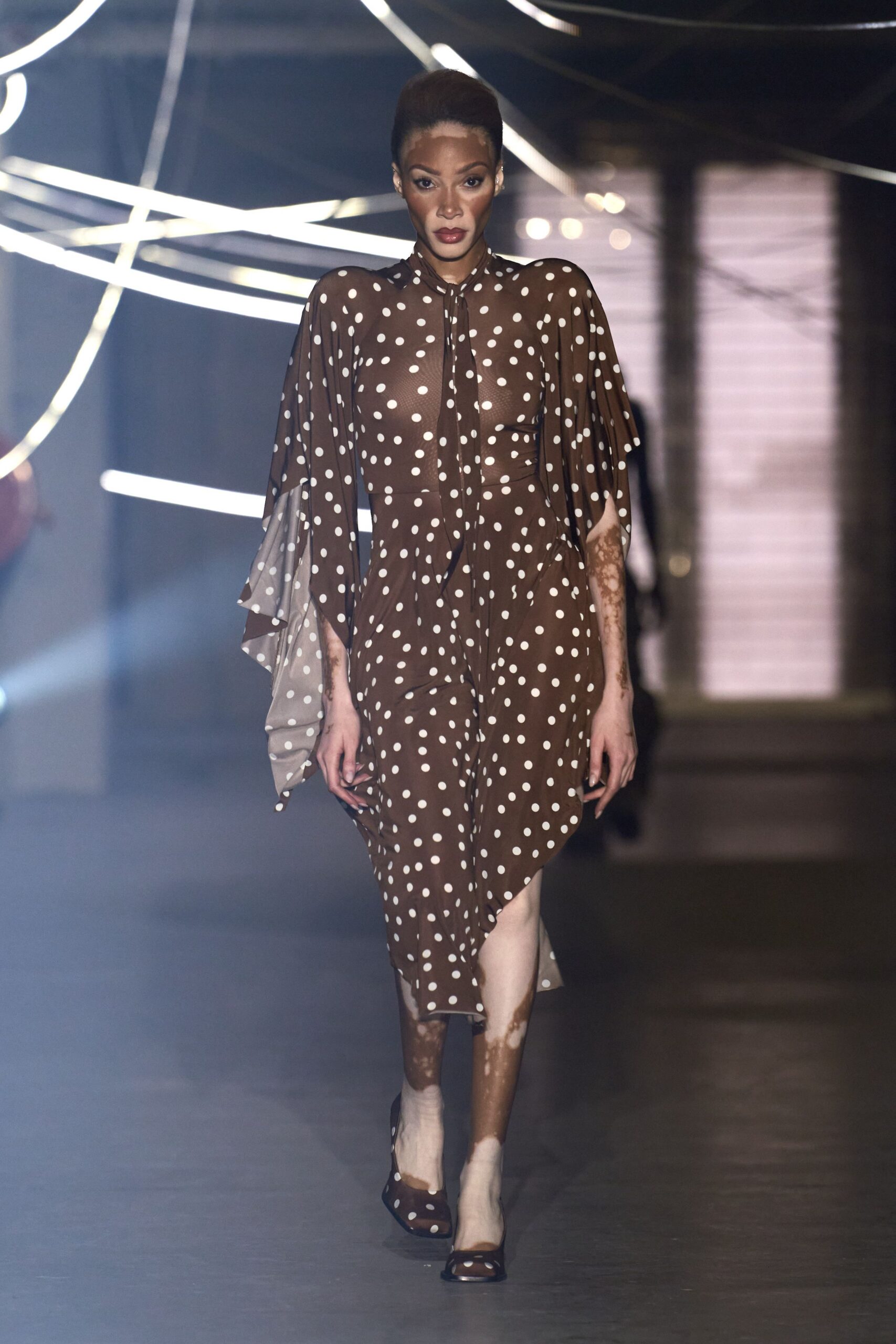 brown silk long-sleeve collared fitted polka-dot sheer dress