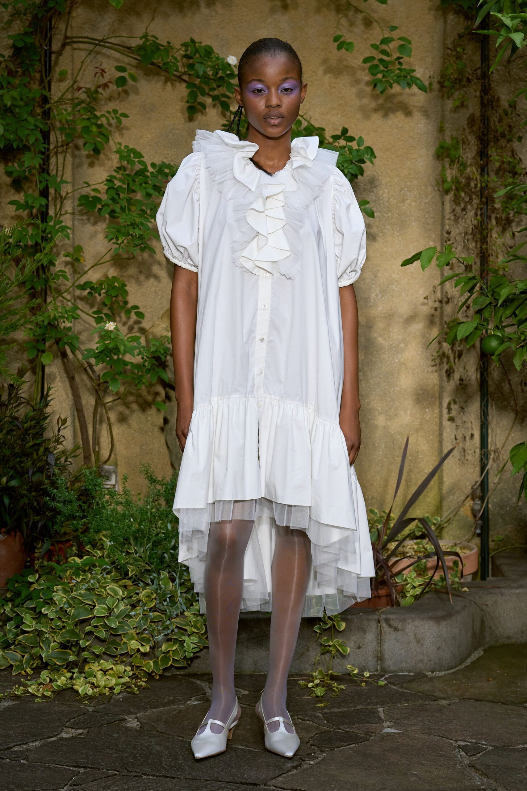 white cotton short-sleeve collared relaxed ruffled tiered dress