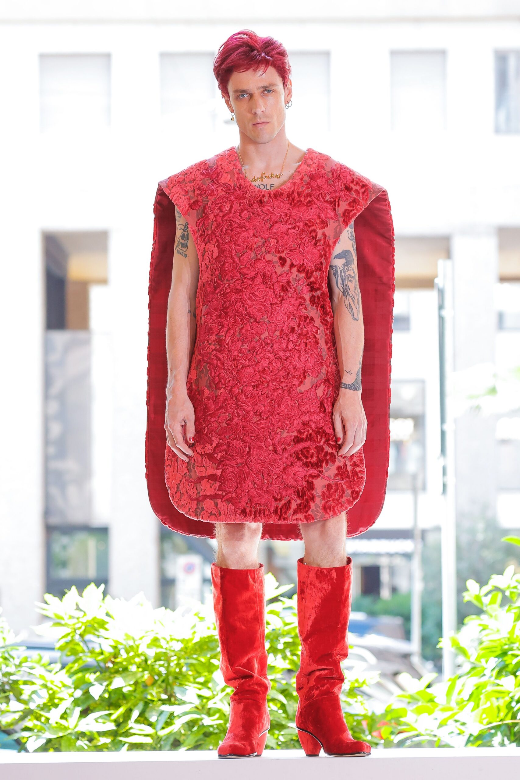 red embroidered mini dress with boots