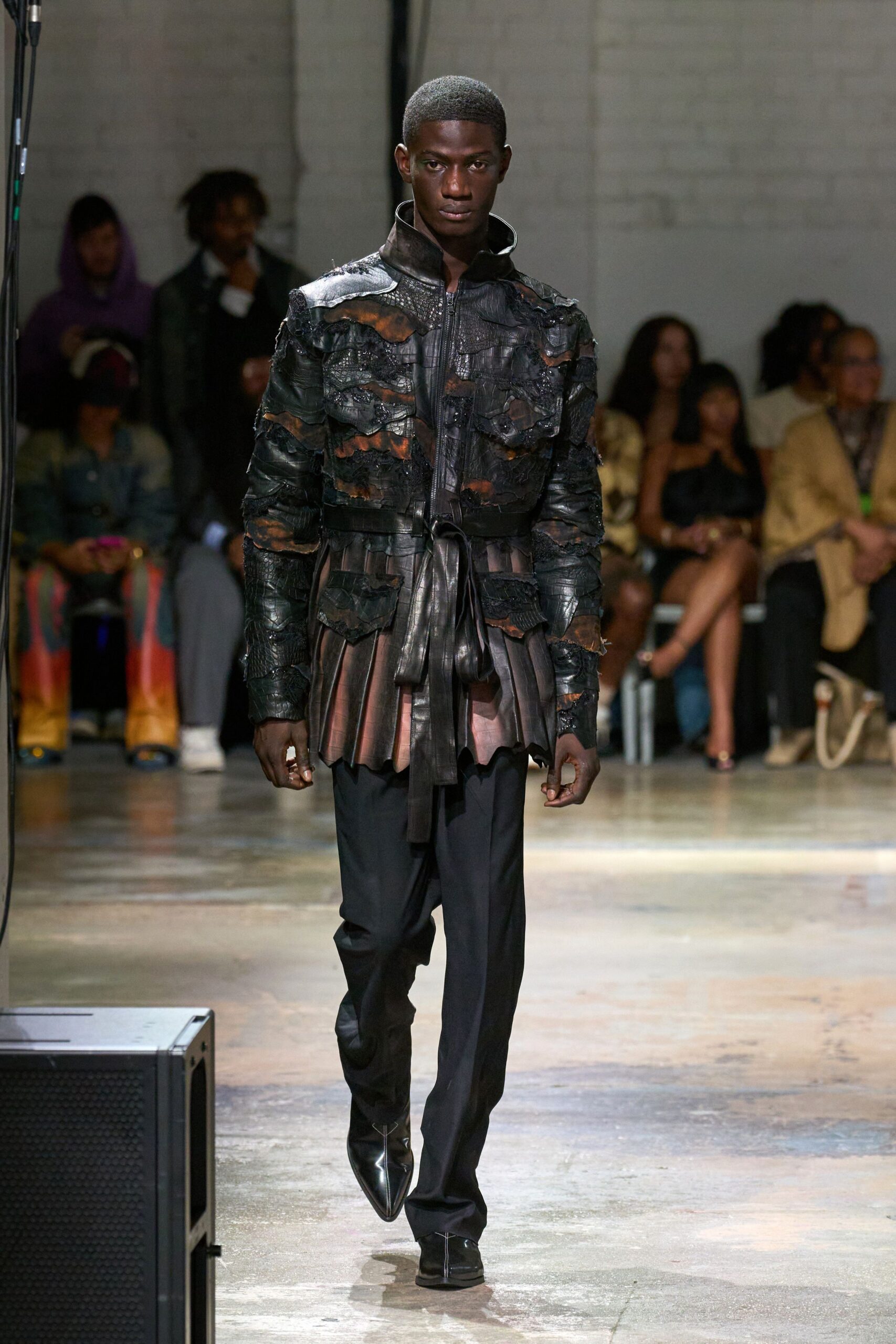 black leather long-sleeve collared fitted zippered layered jacket