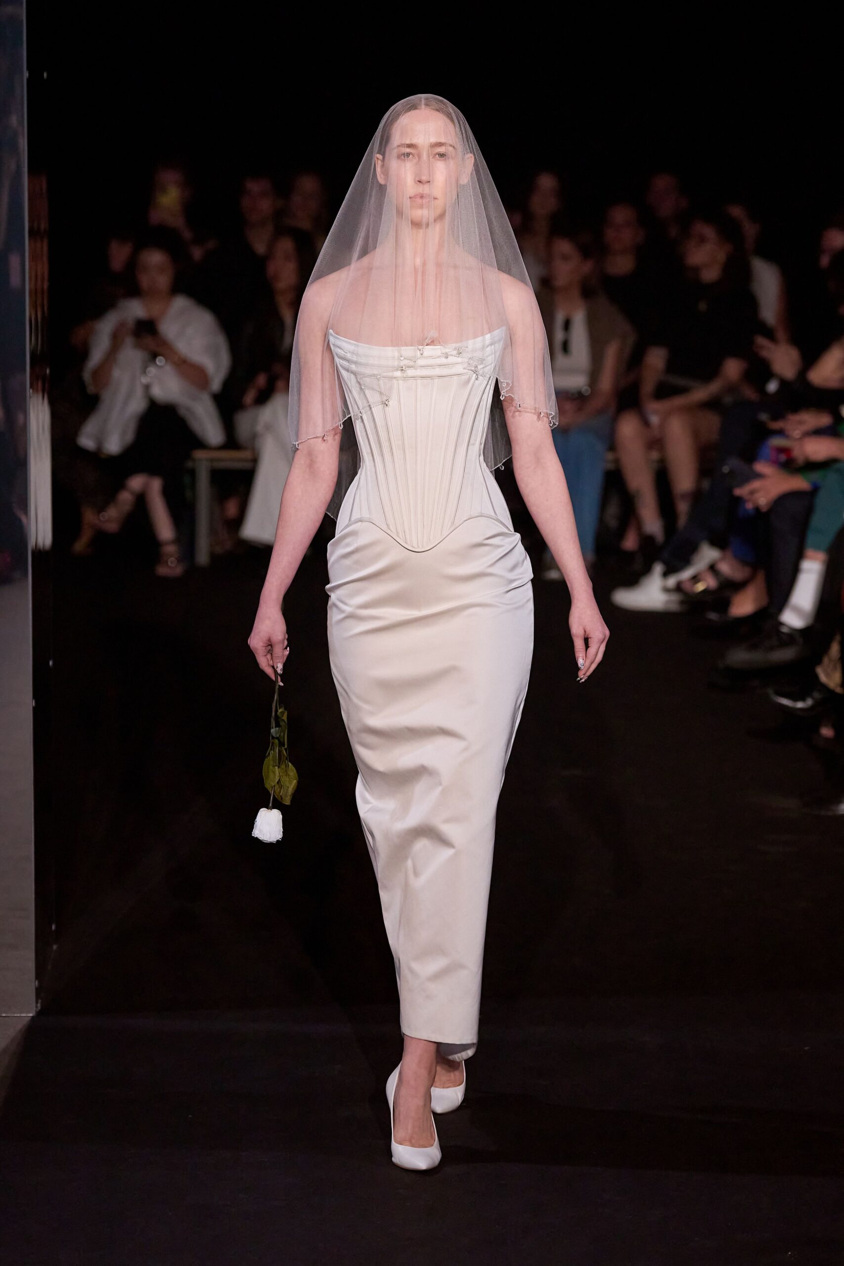 white silk strapless high-neck fitted ruched maxi gown