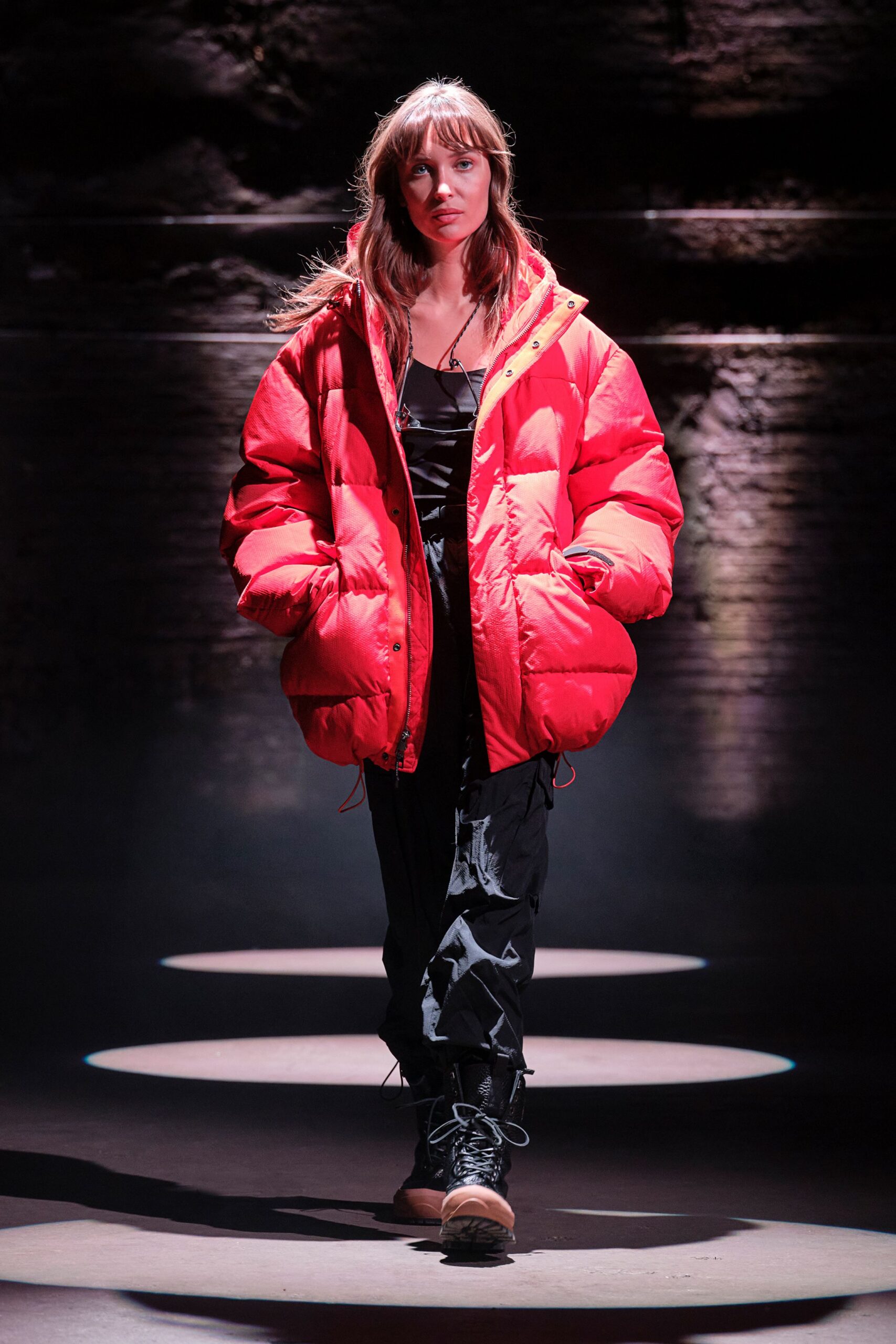 red oversized jacket with black top