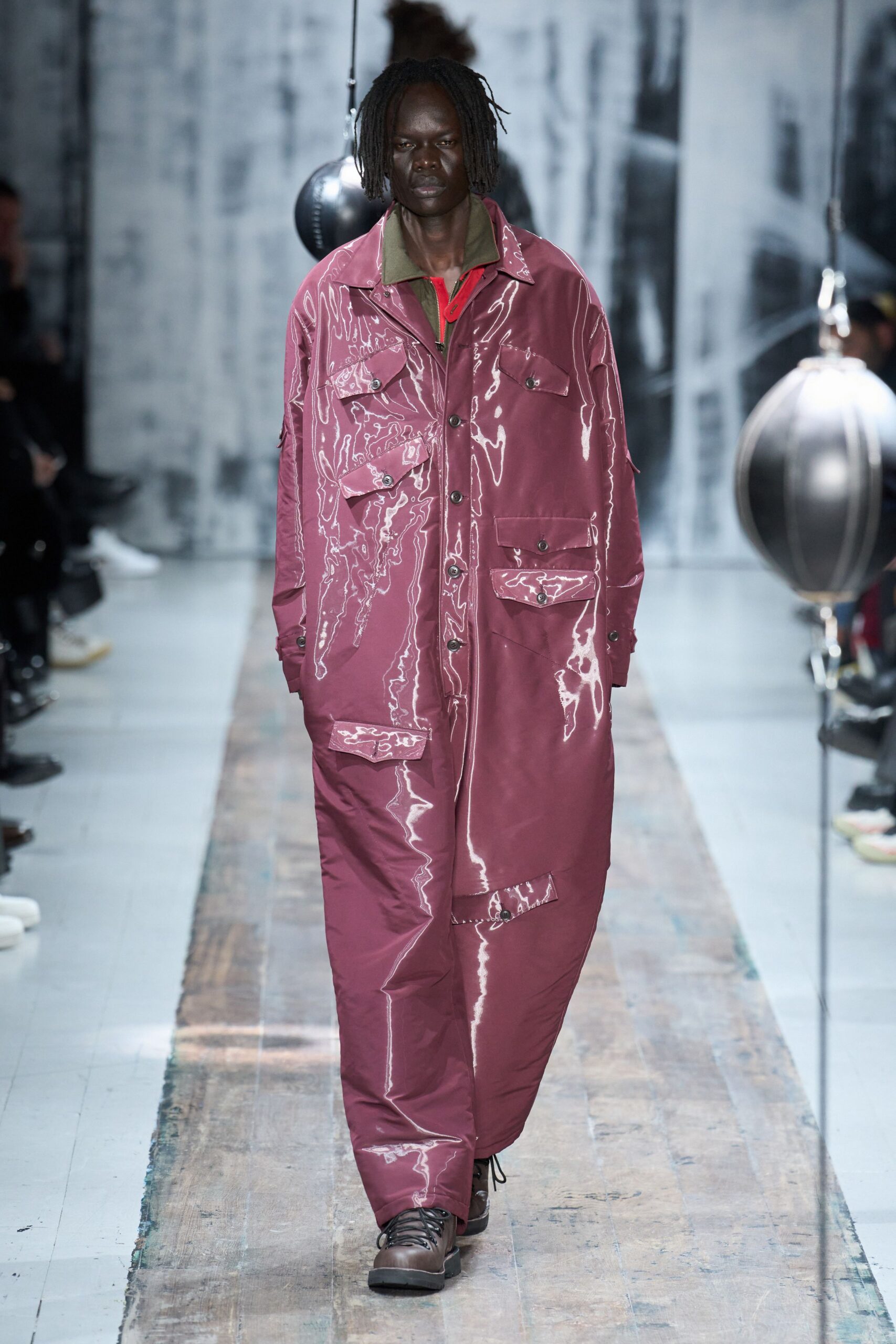 pink vinyl long-sleeve collared oversized zippered pockets coat
