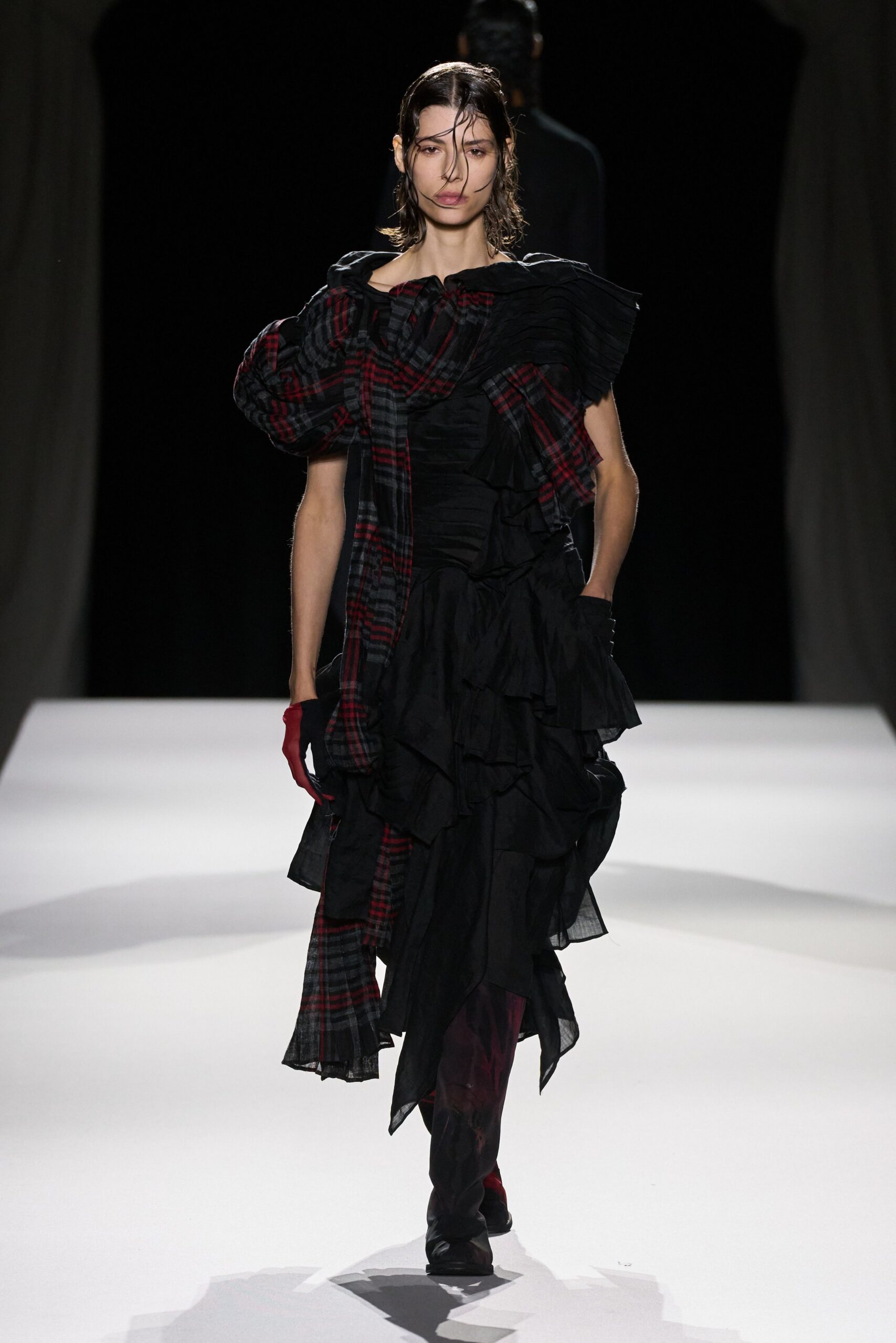 black and red ruffled midi dress