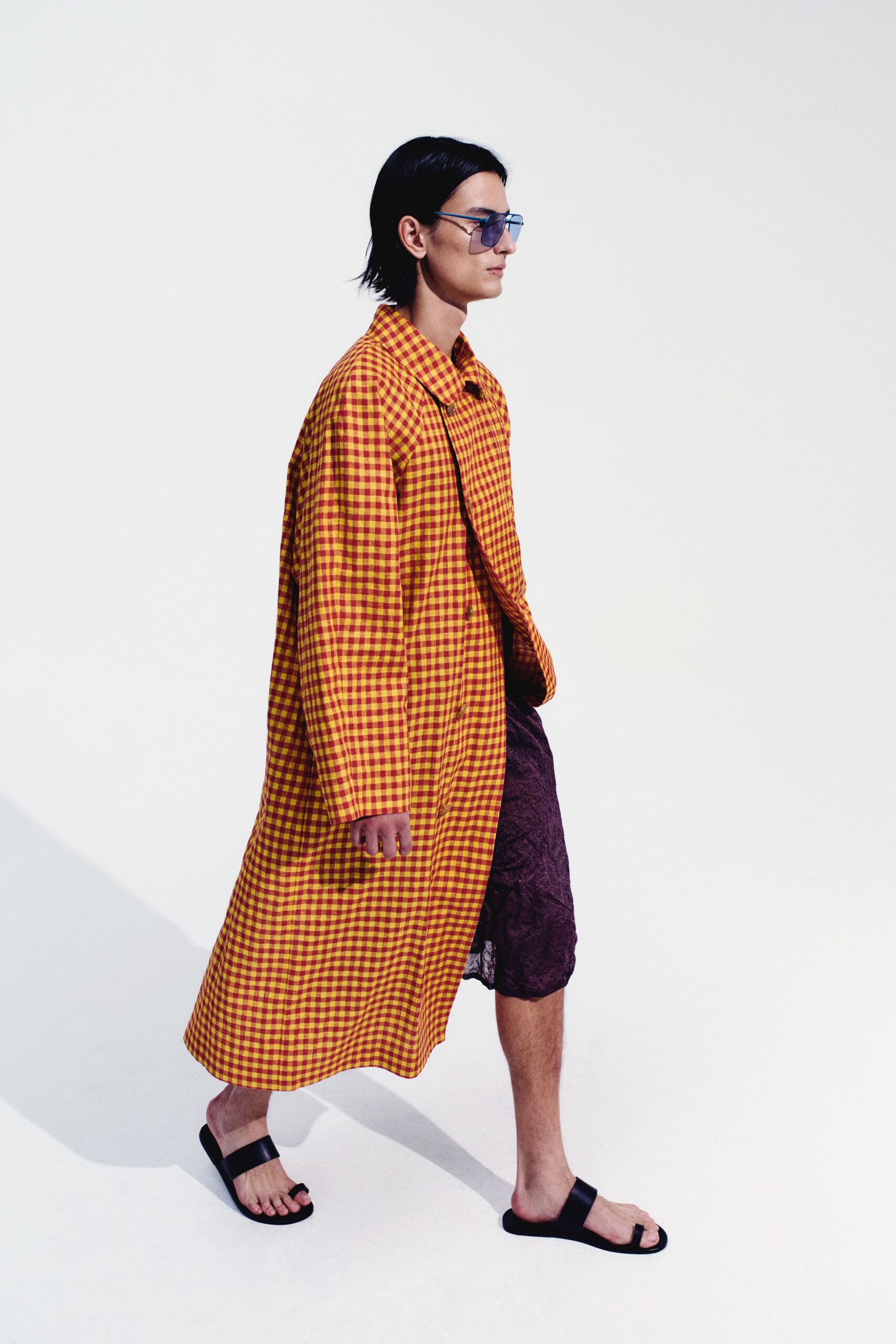 orange checked shirt-dress with purple shorts