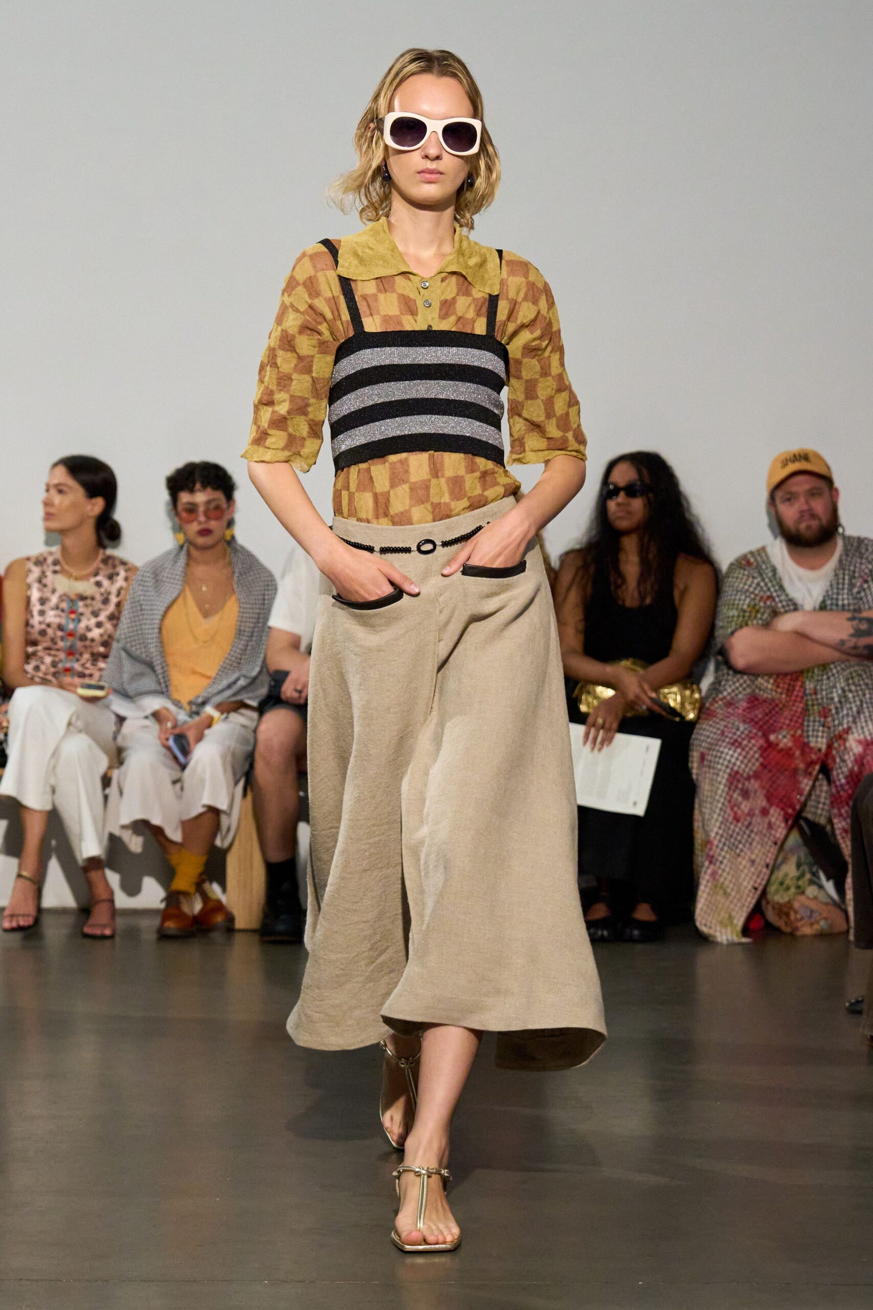brown cotton short-sleeve collared fitted checked layered top