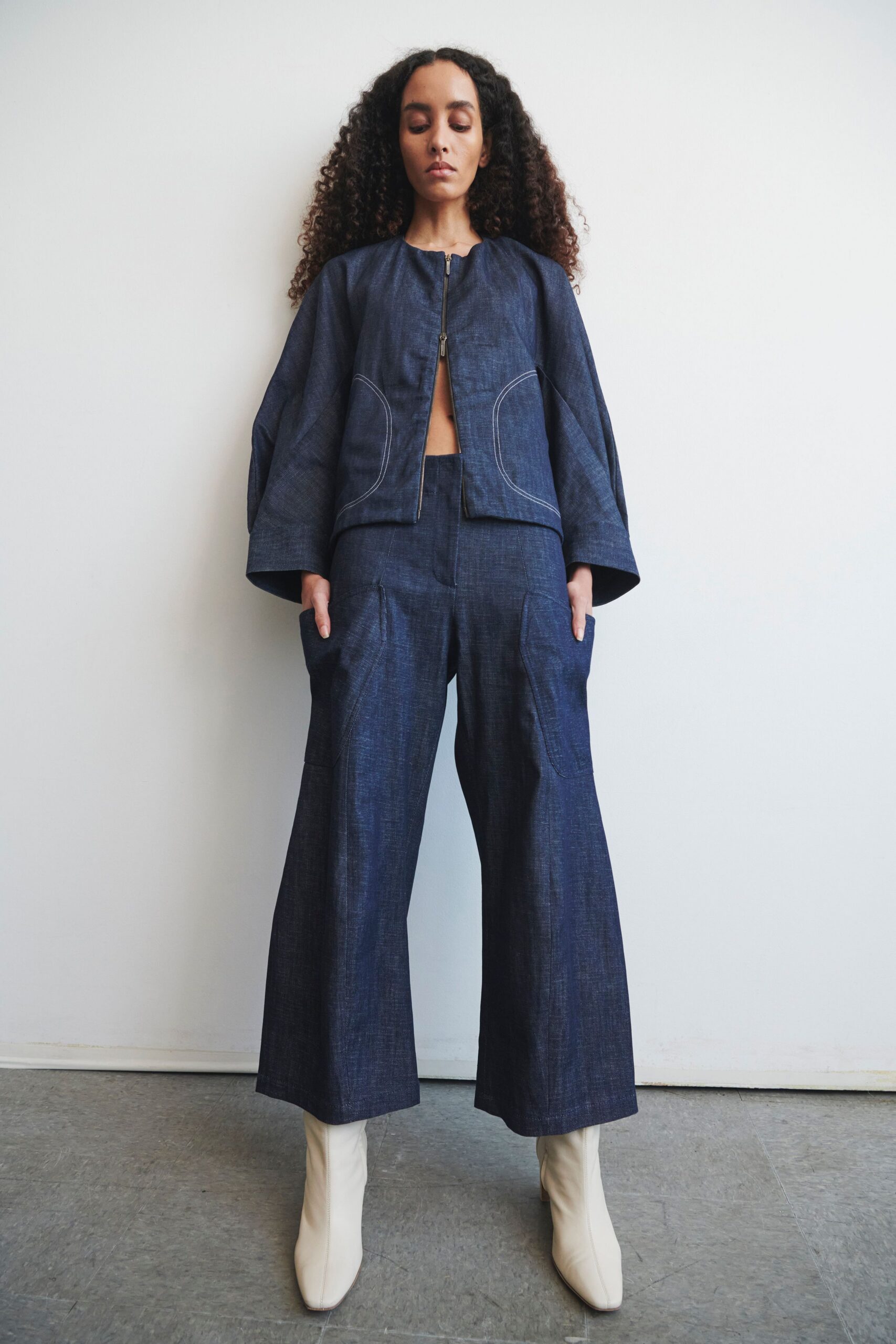 blue denim oversized jacket and relaxed pants