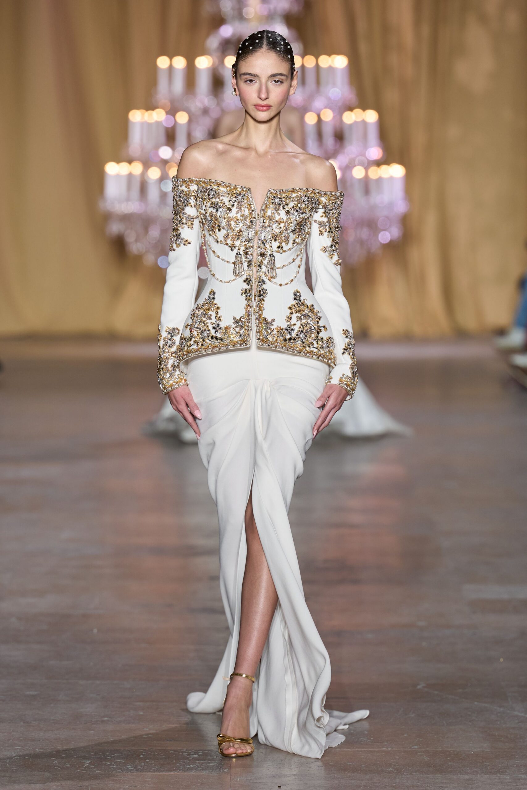 white silk long-sleeve off-shoulder fitted beaded maxi gown