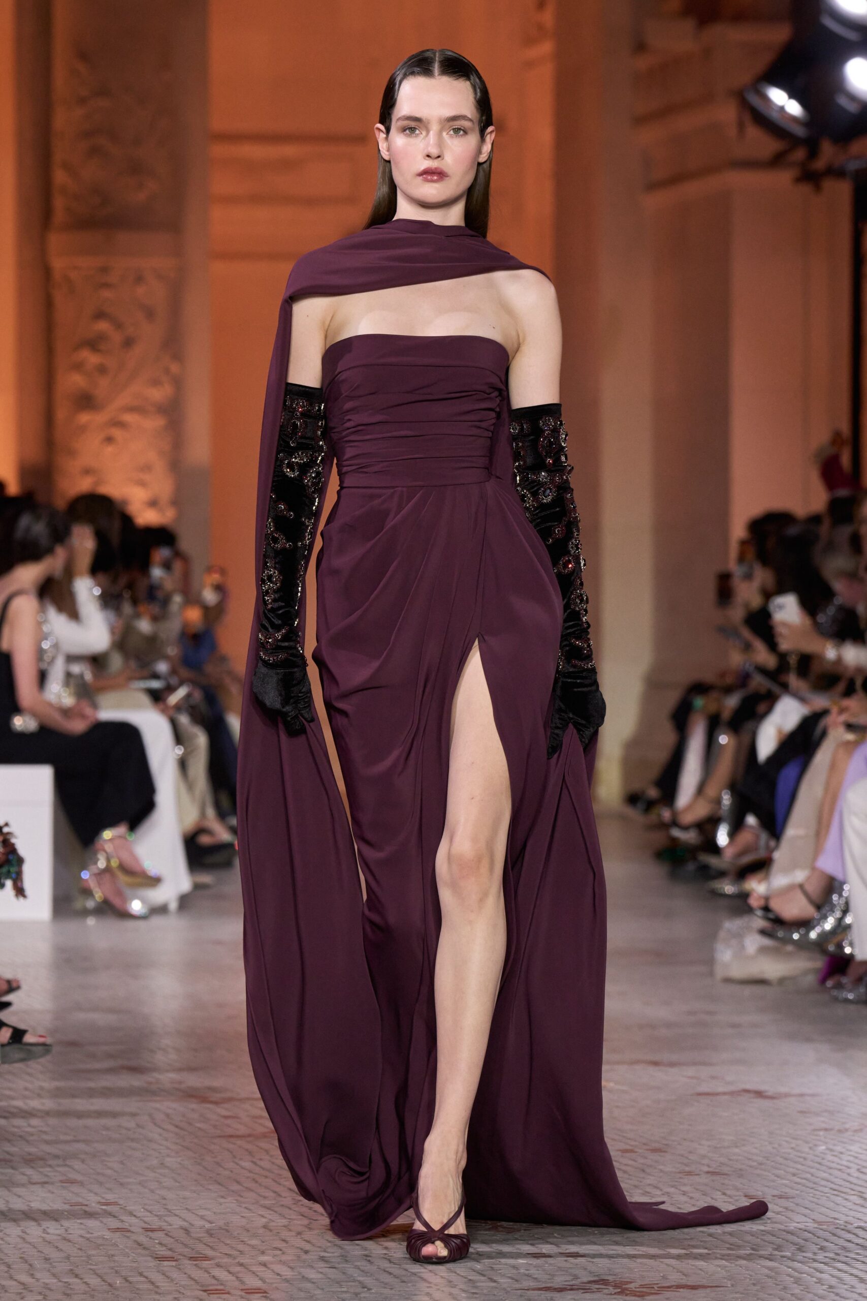 purple silk strapless off-shoulder fitted ruched maxi gown