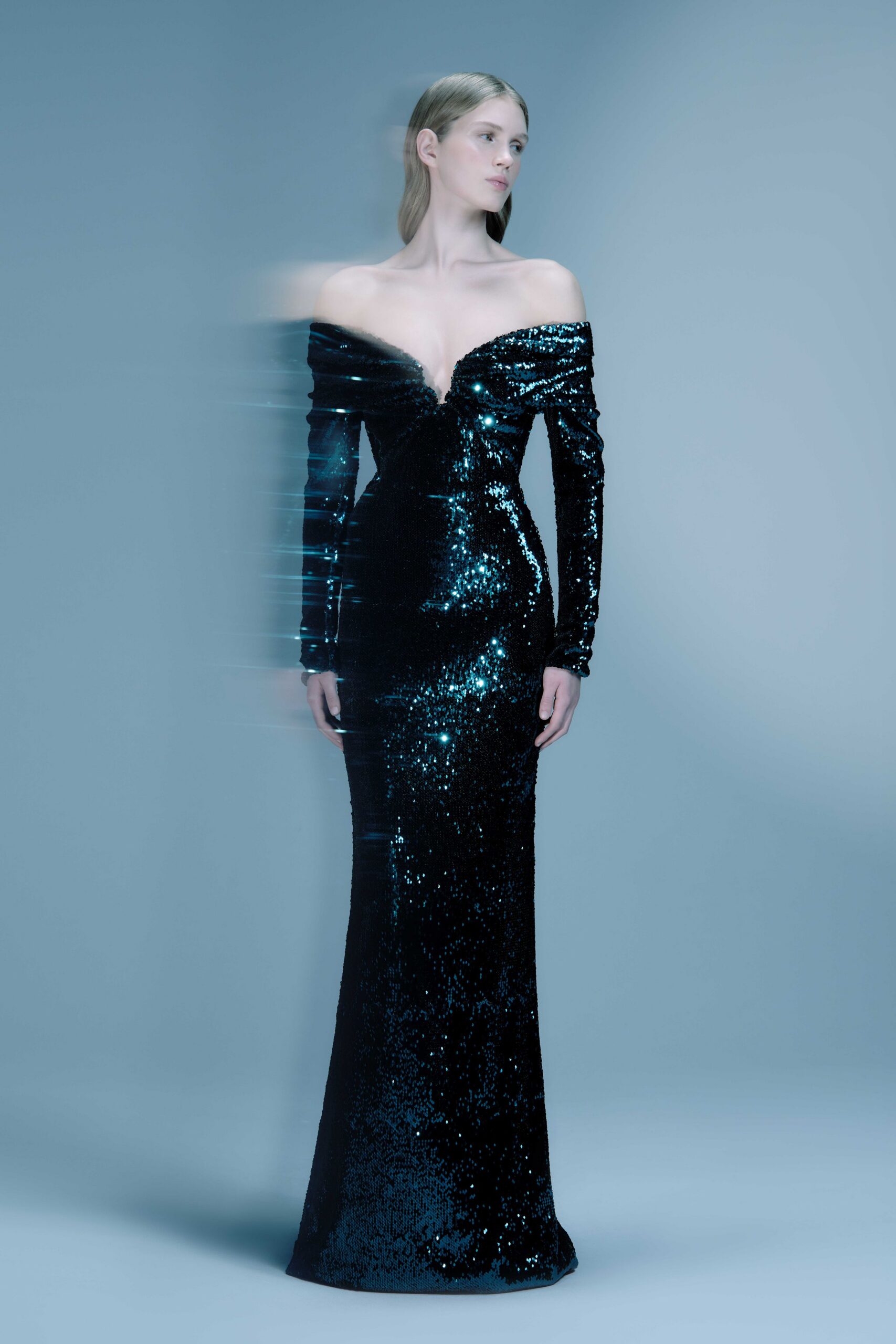 black sequin fitted gown
