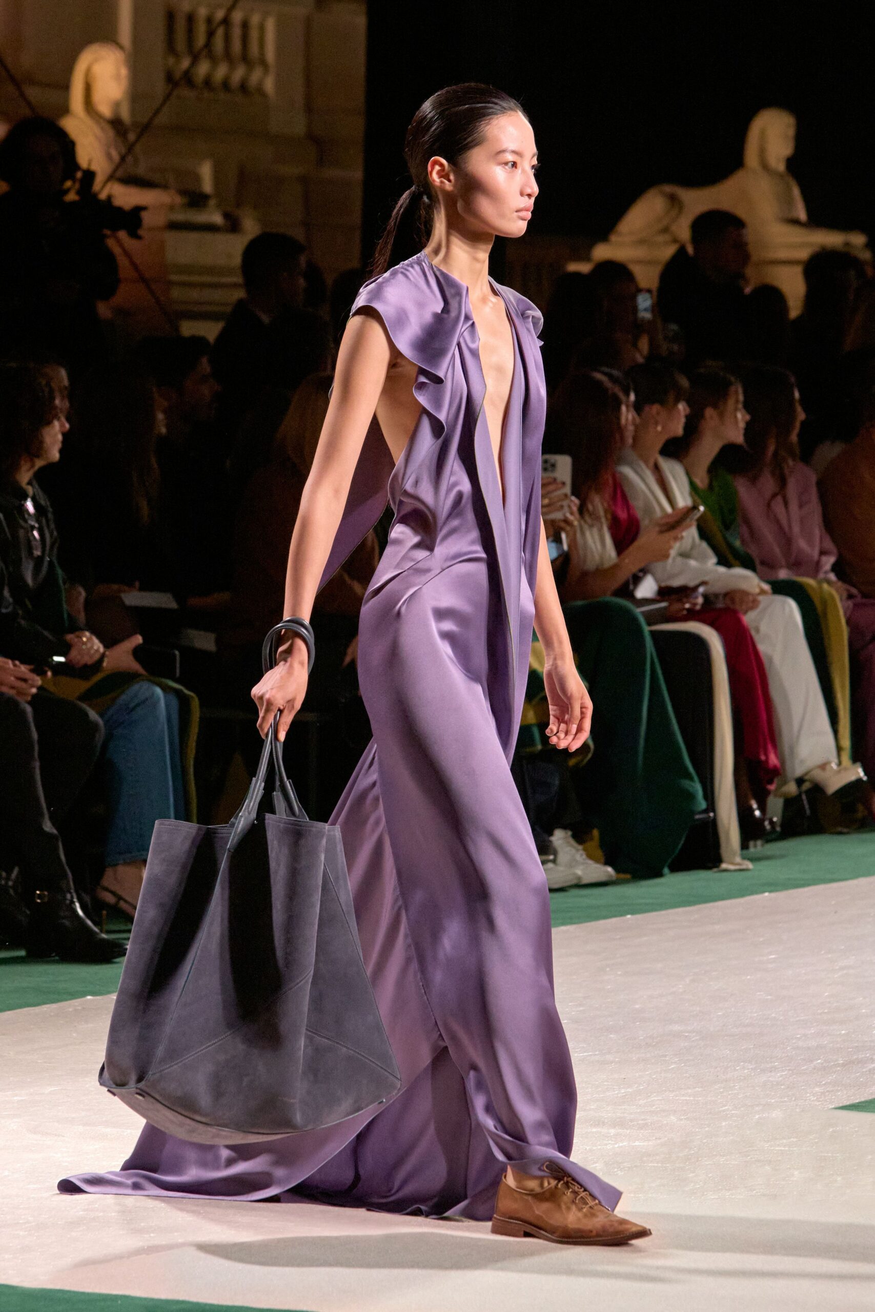 purple silk sleeveless v-neck fitted draped maxi gown