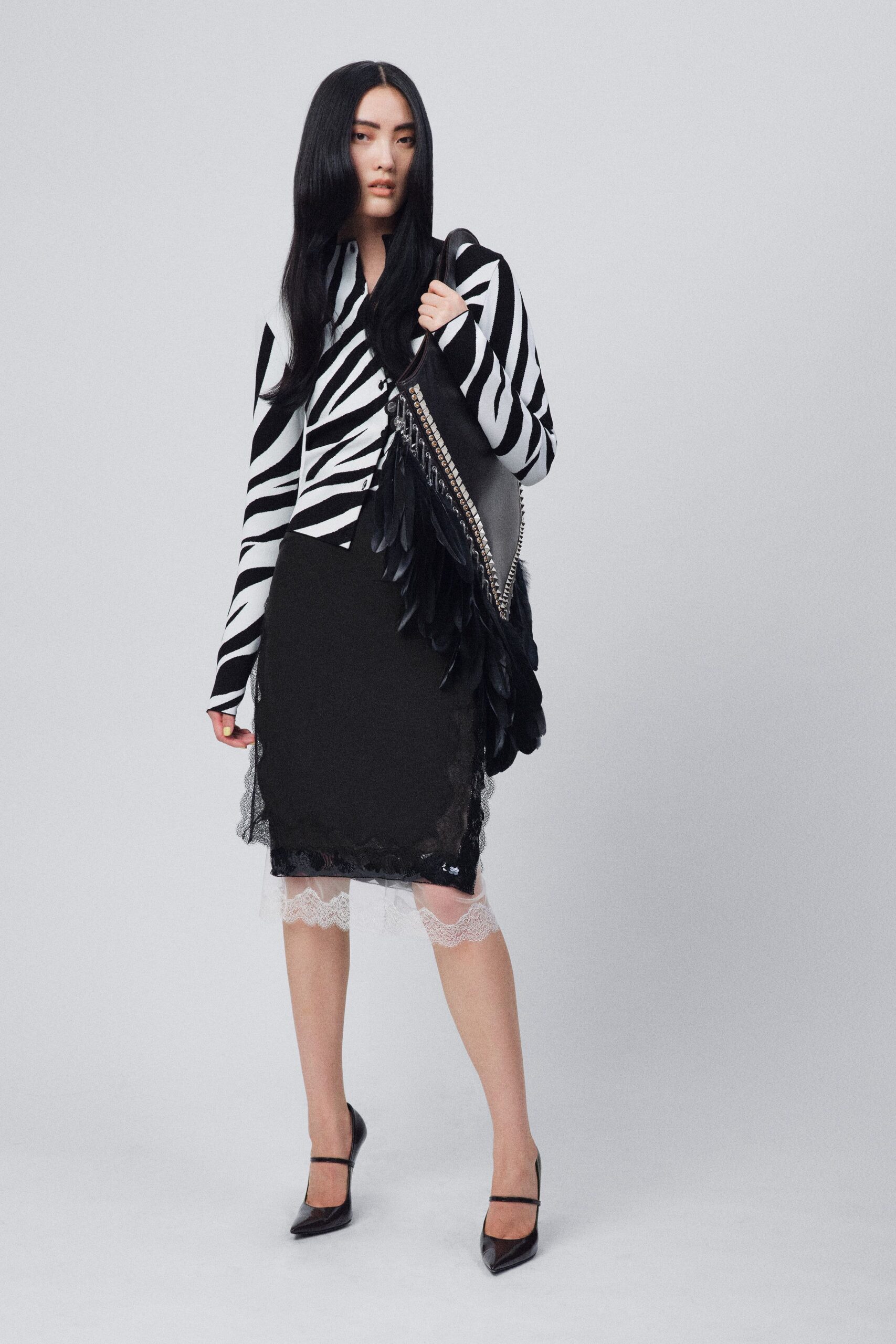 black and white striped shirt with lace skirt