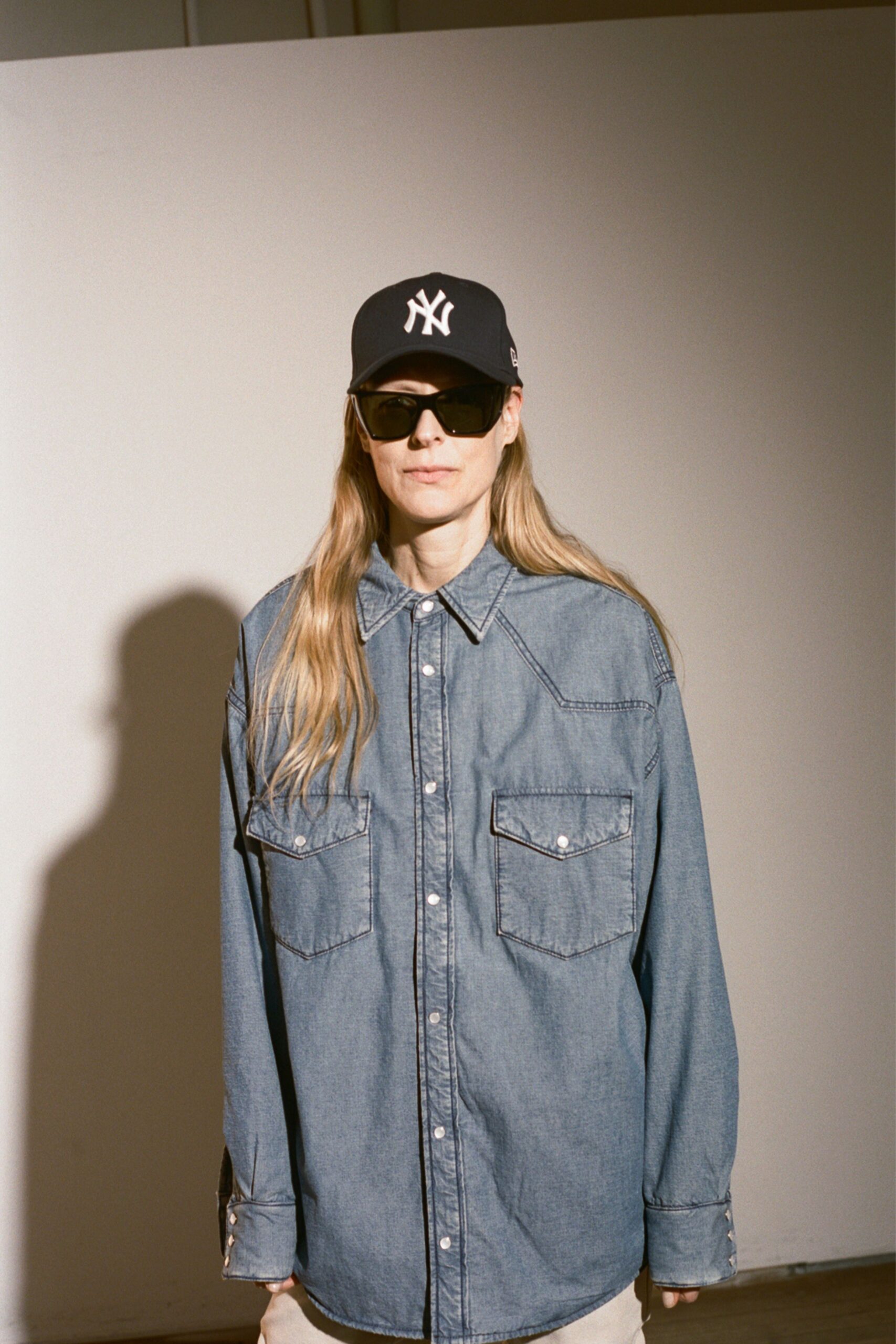 blue denim long-sleeve collared oversized shirt