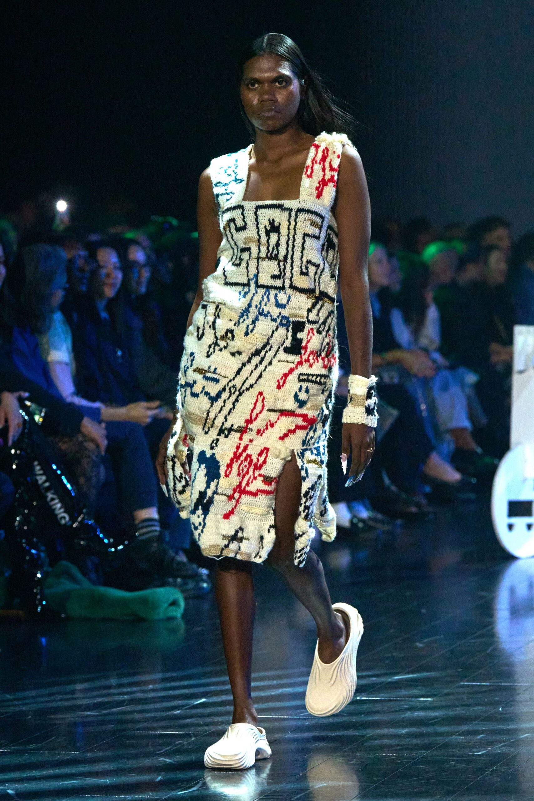 embroidered midi dress with white shoes