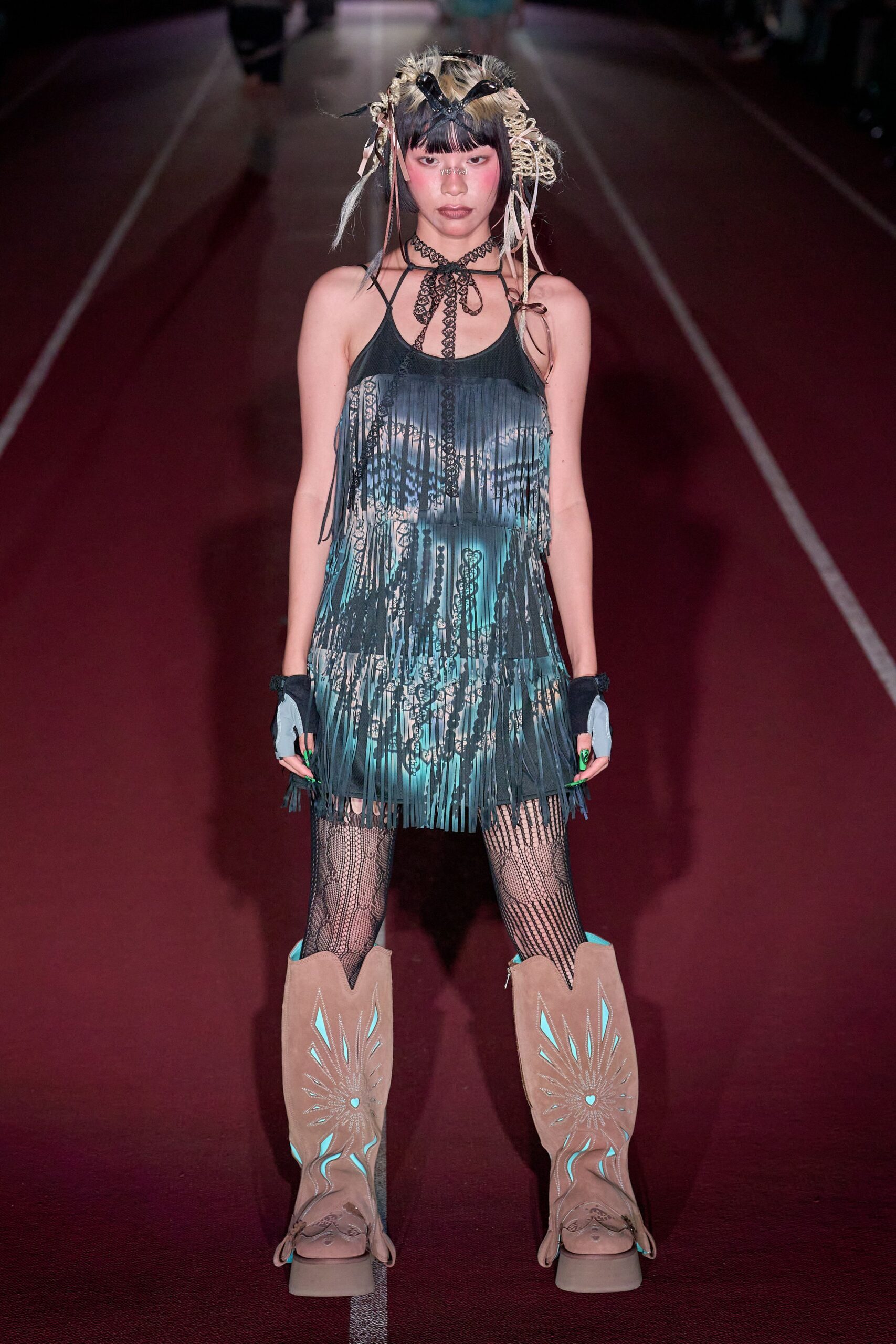 black silk sleeveless high-neck fitted fringed flowing dress