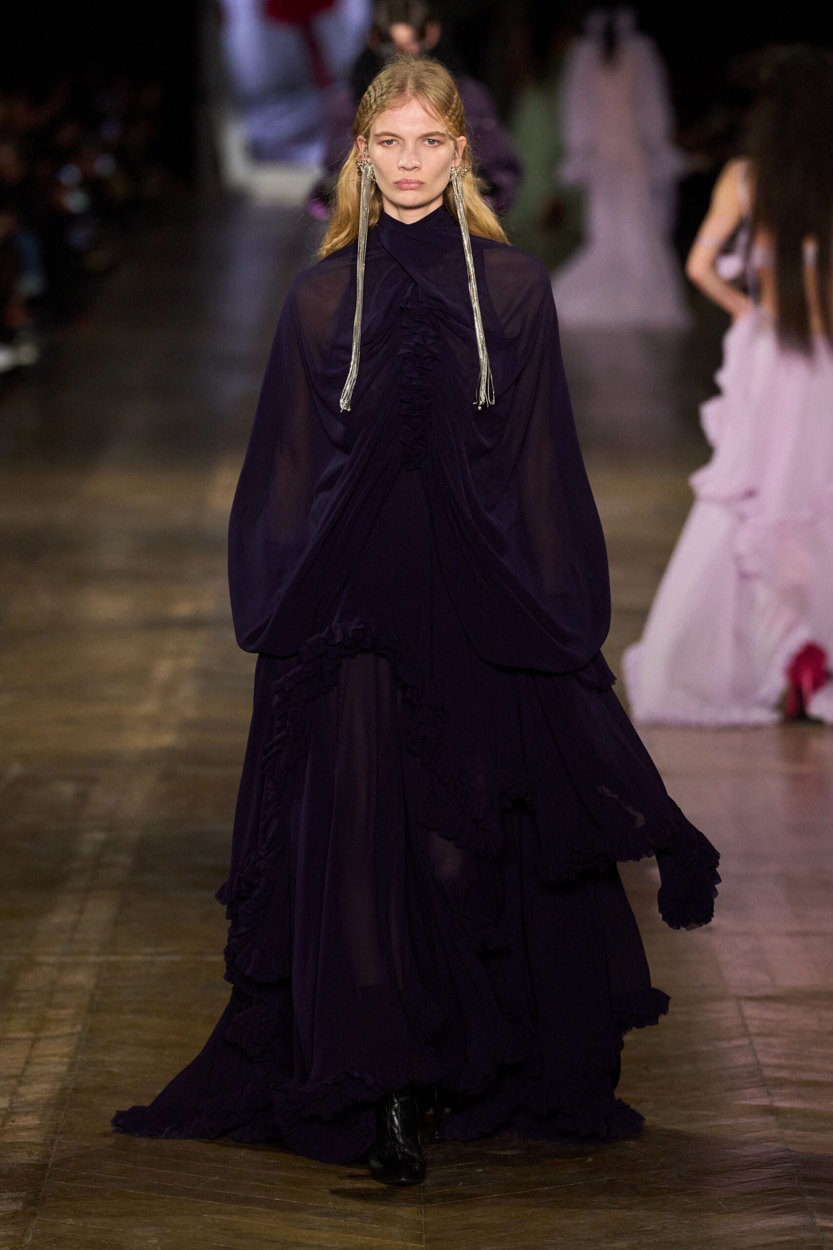 purple chiffon long-sleeve high-neck relaxed ruffled tiered gown