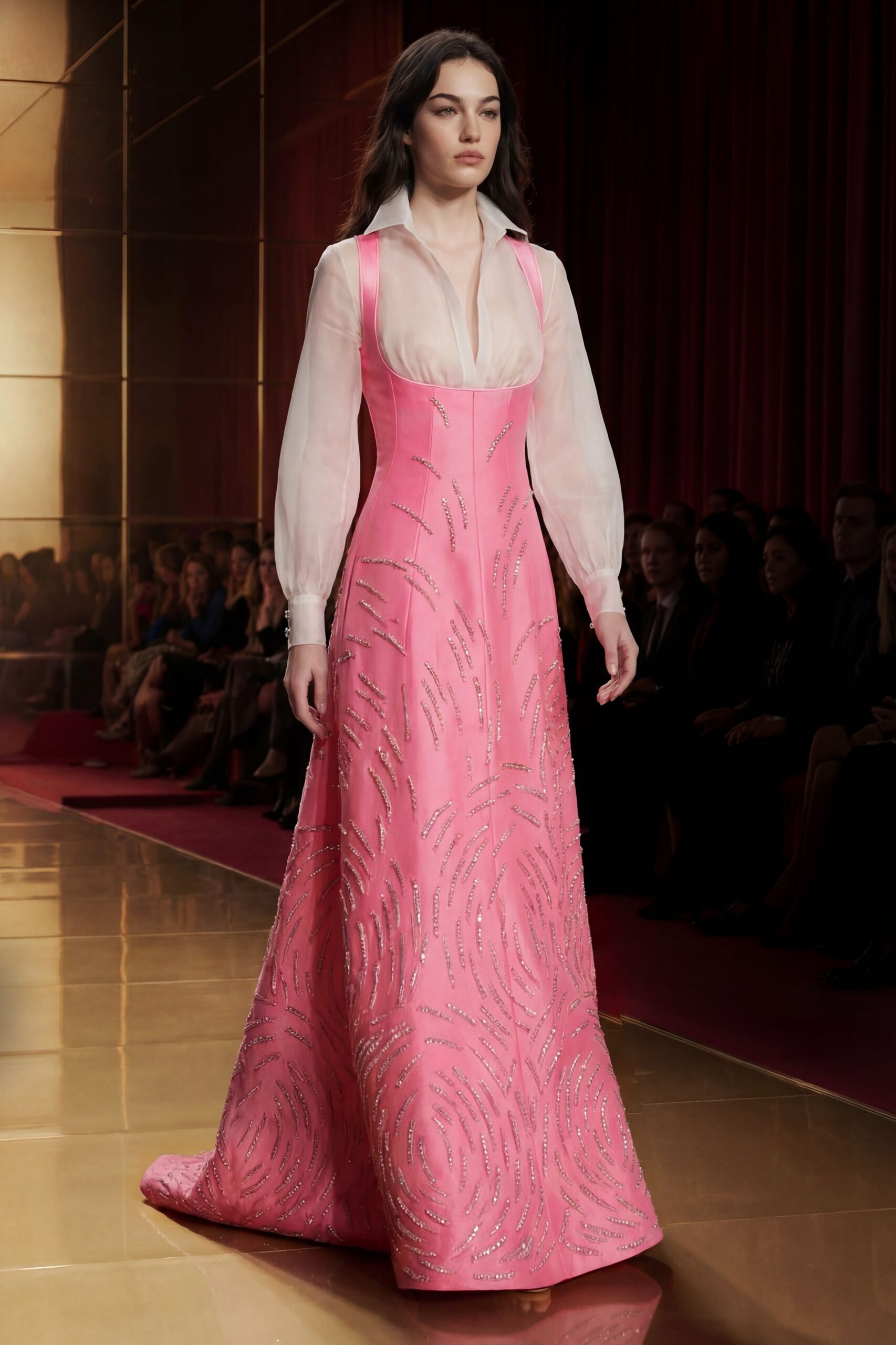 pink silk embroidered gown