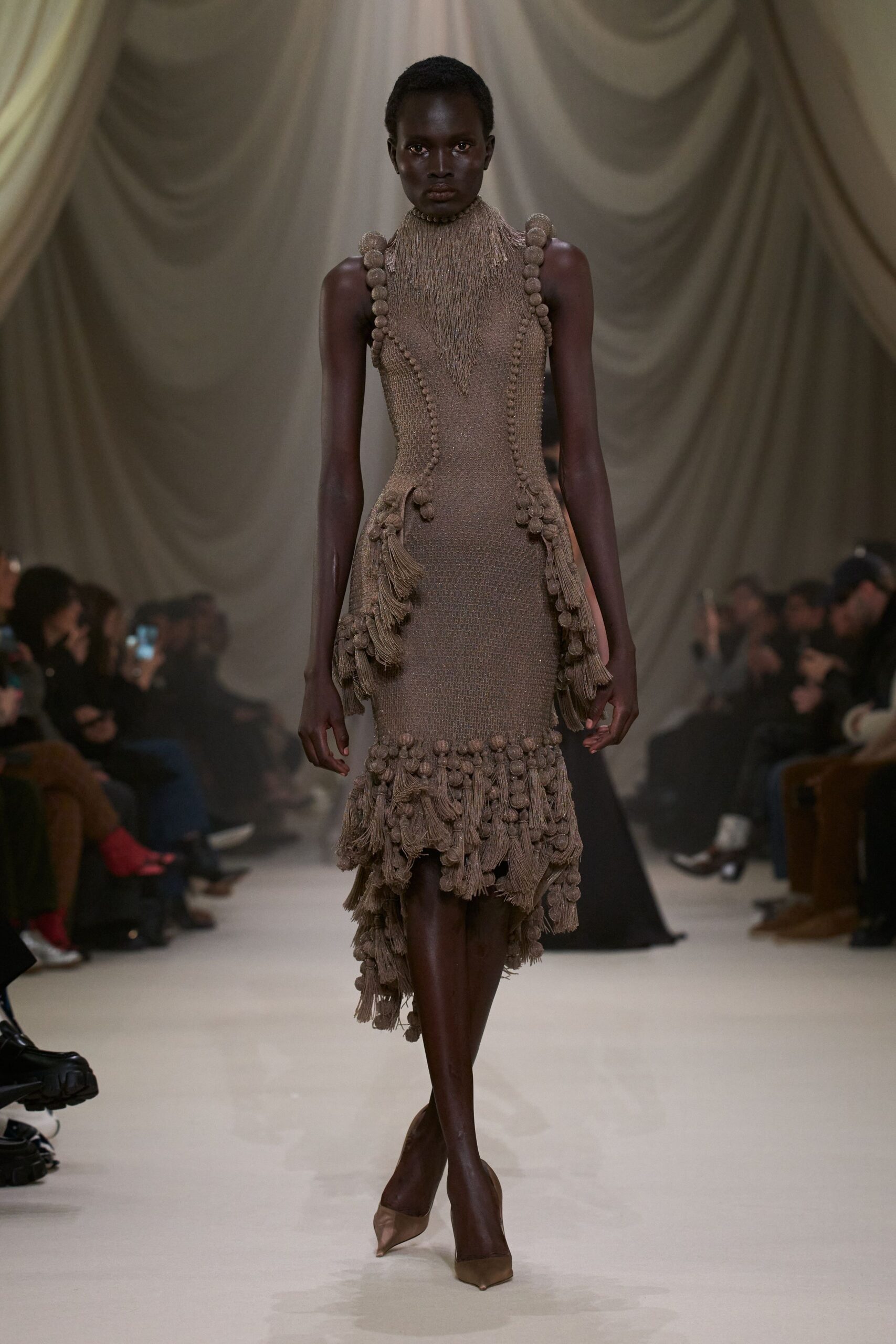 brown cotton sleeveless high-neck fitted ruffled embellished dress