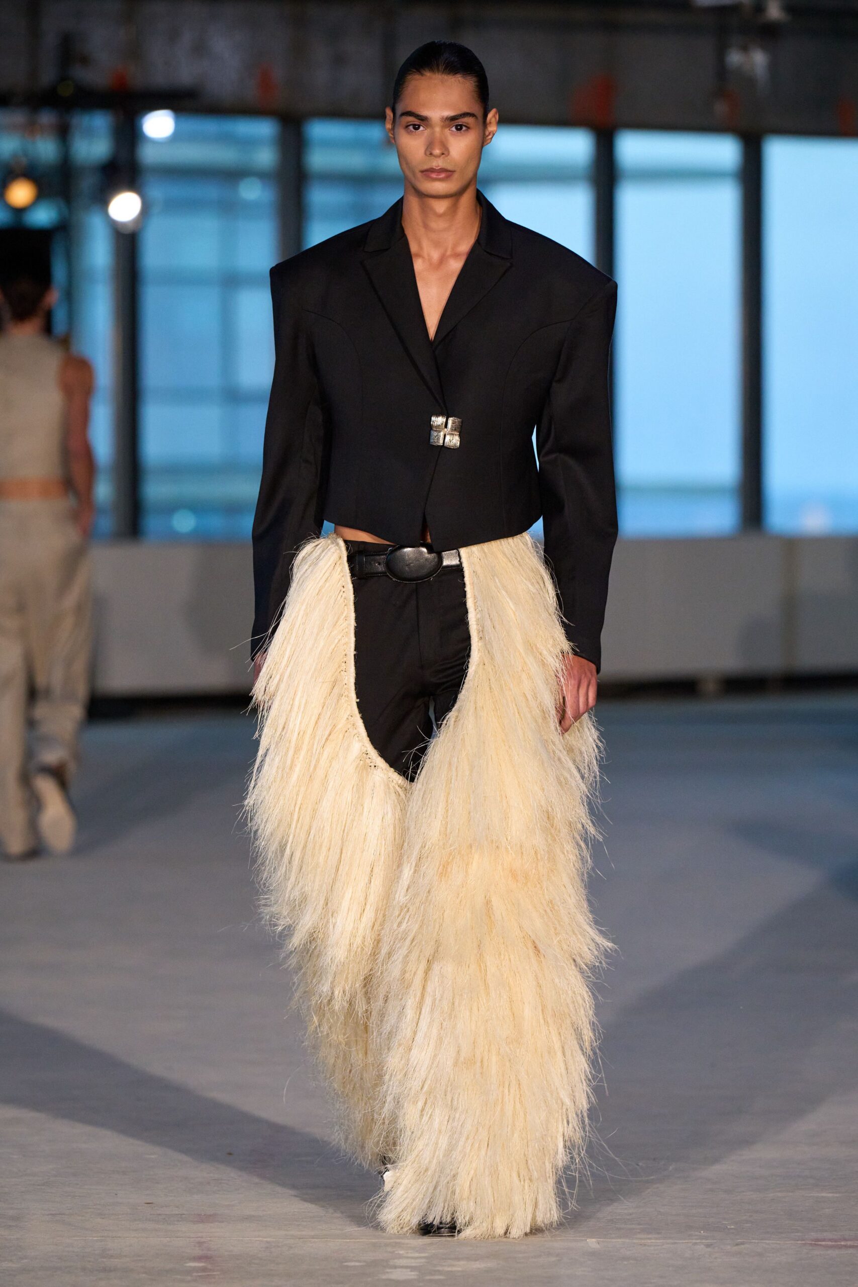 black cotton fitted fringed pants
