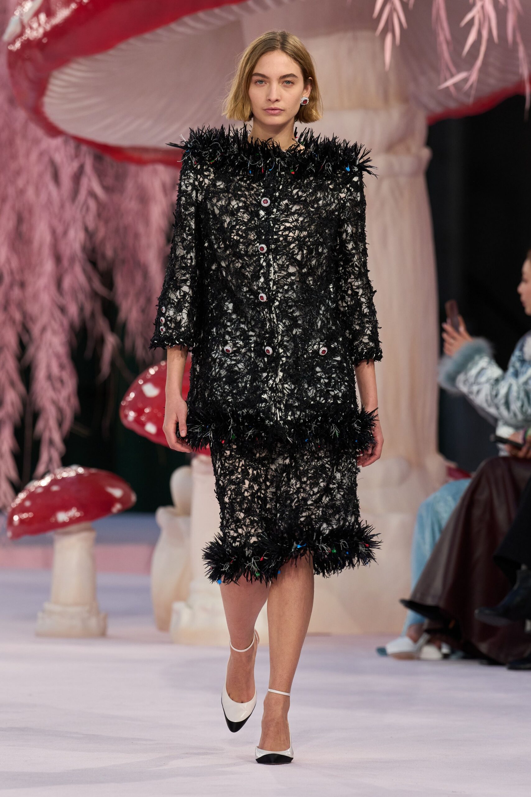 black silk long-sleeve collared fitted ruffled embellished coat