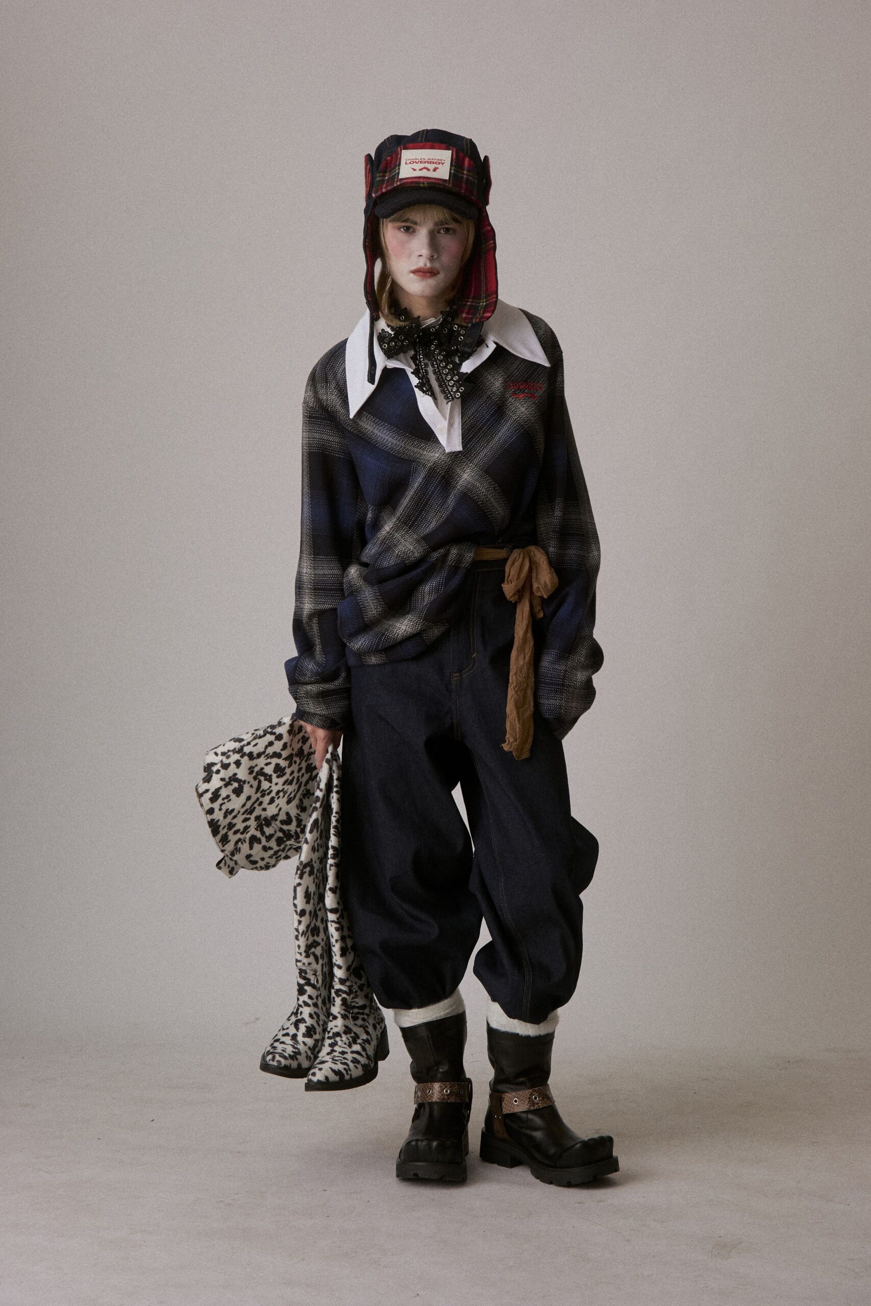relaxed blue checked shirt with wide-leg pants