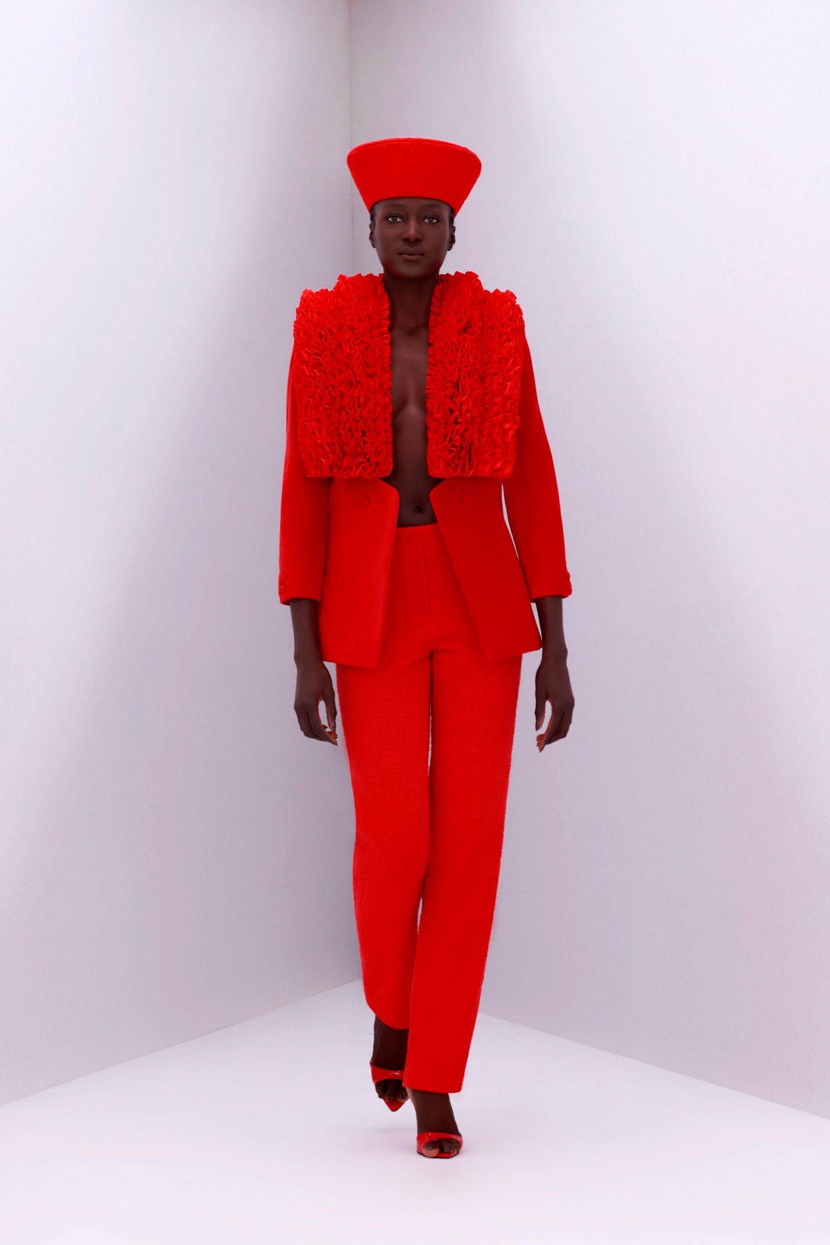 red wool long-sleeve collared structured ruffled blazer