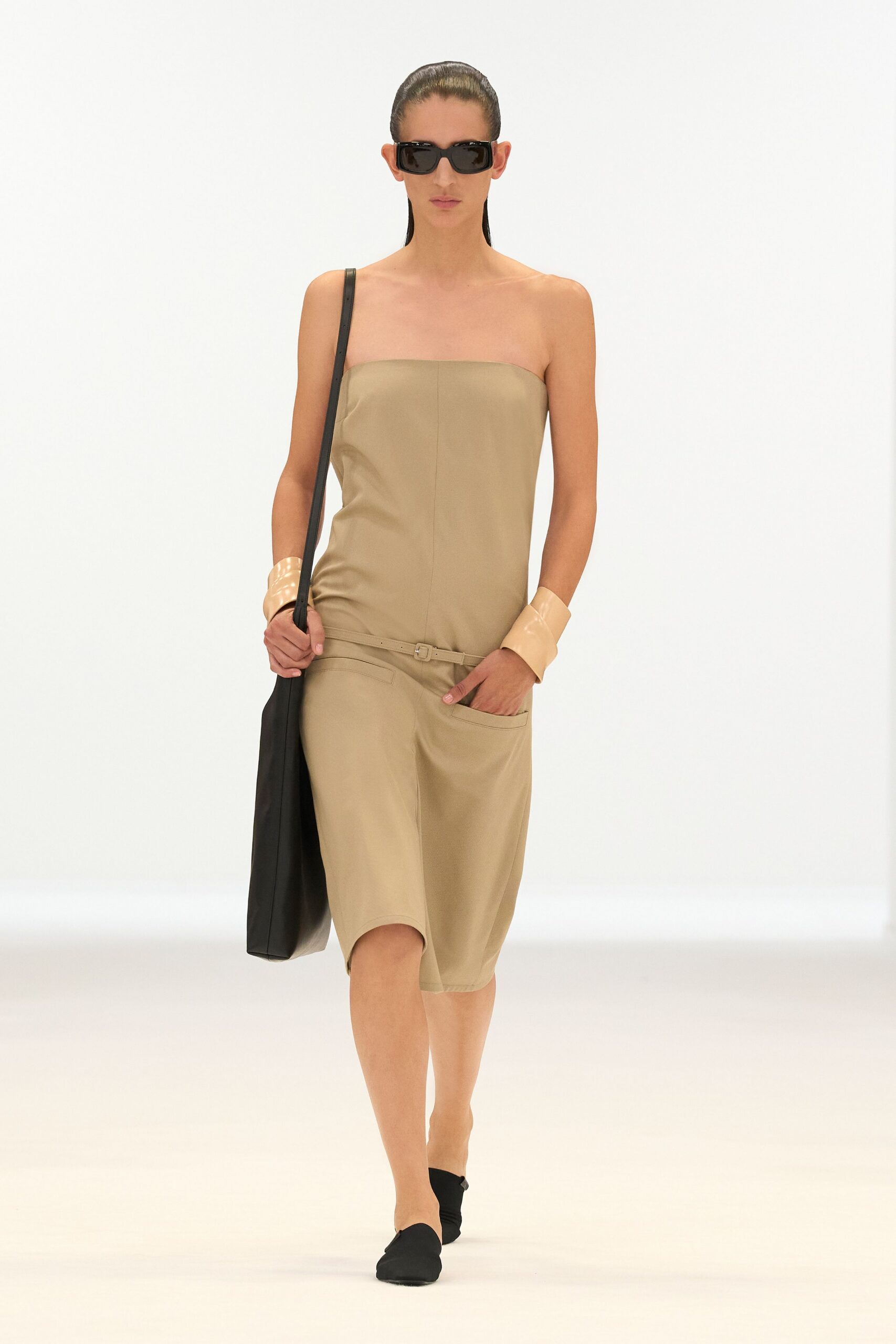 beige cotton strapless fitted straight-leg midi dress