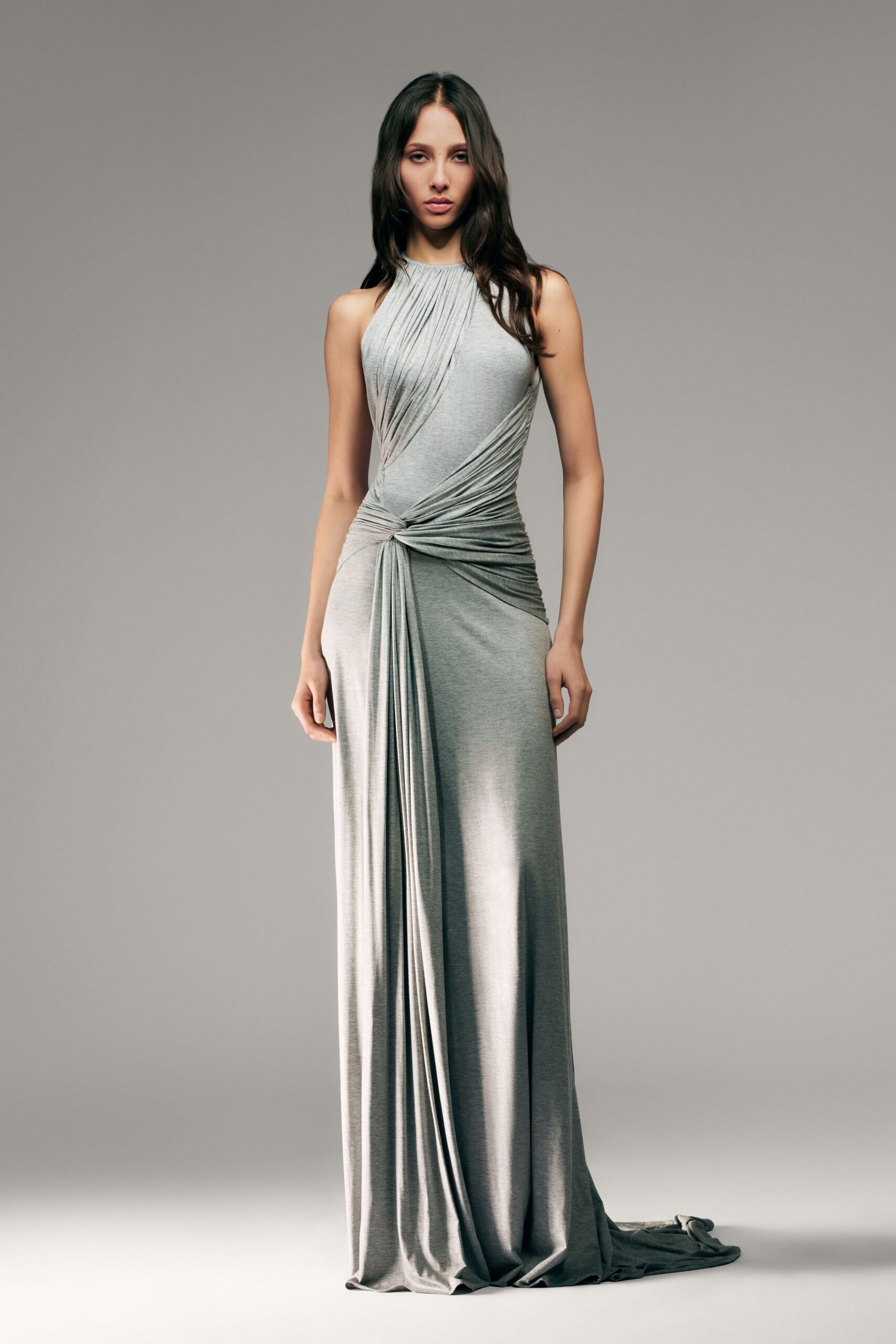 gray fitted sleeveless gown