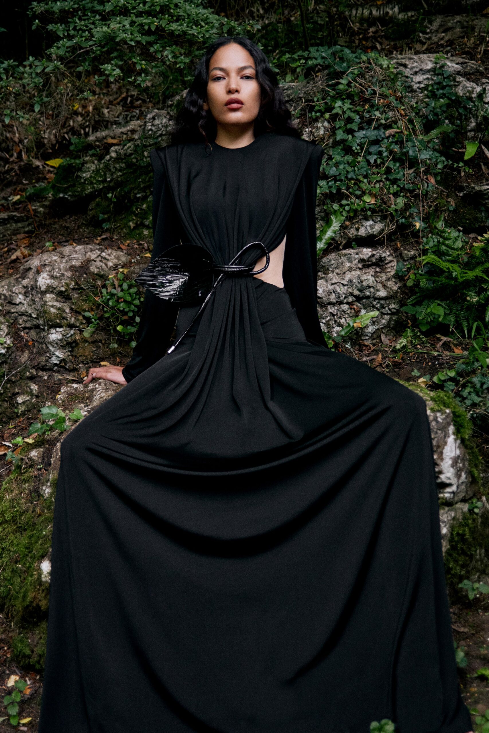 black silk fitted gown