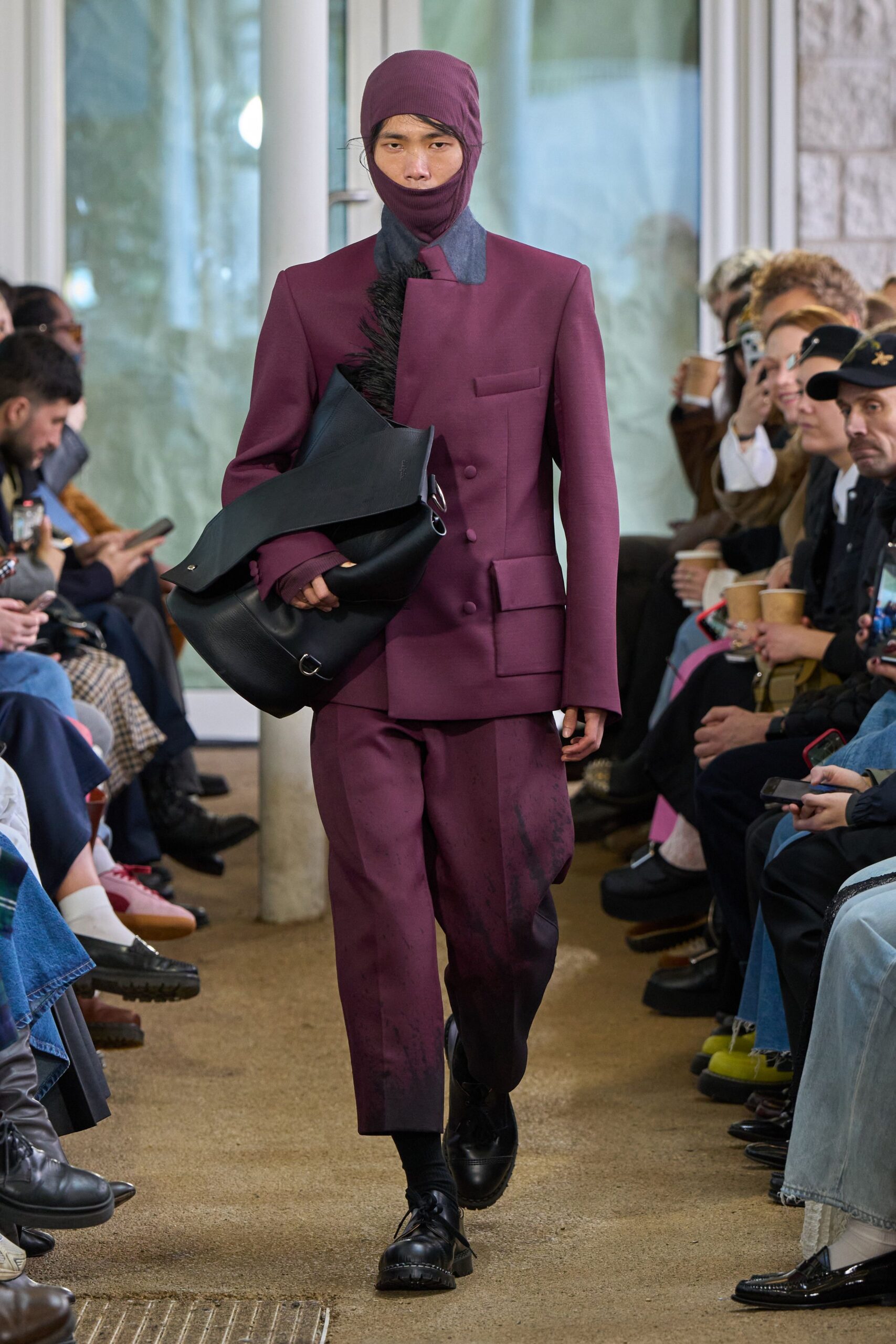 purple wool tailored straight-leg pants