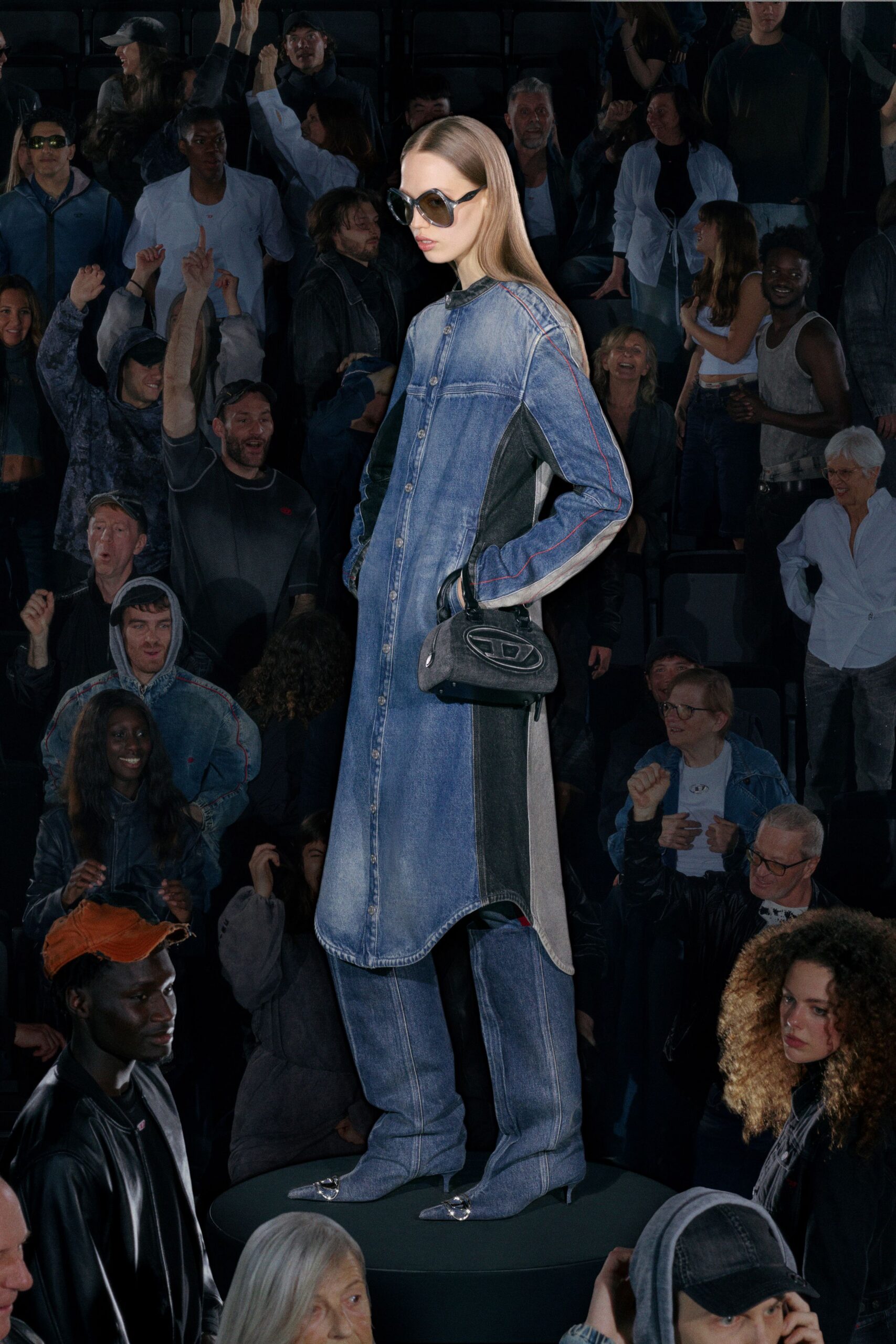 blue denim long-sleeve collared relaxed buttoned layered jumpsuit