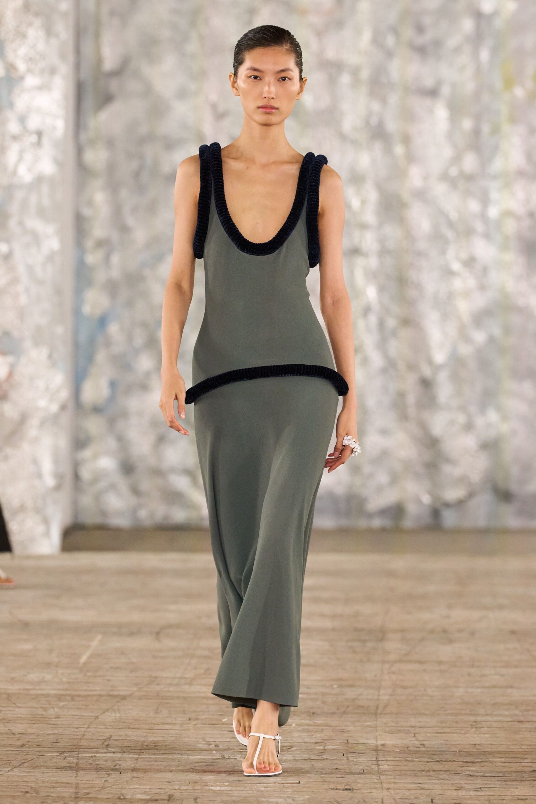 green cotton sleeveless v-neck fitted draped maxi dress