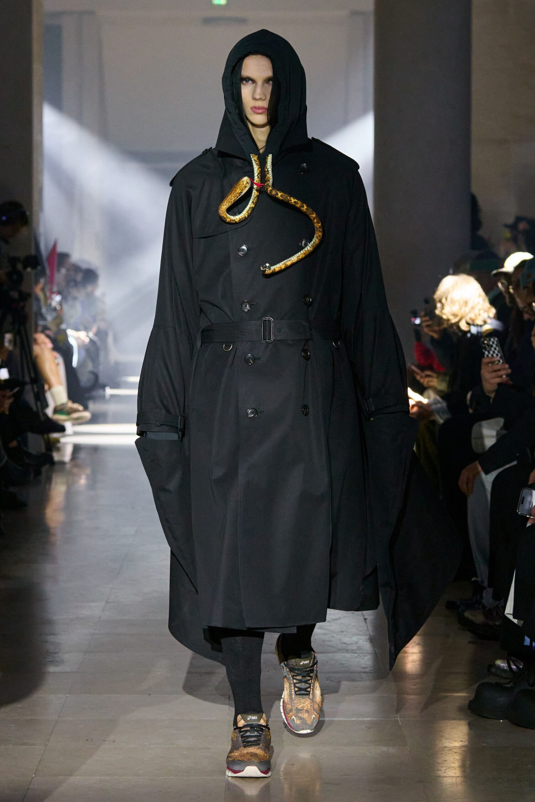 black coat with hoodie and shoes