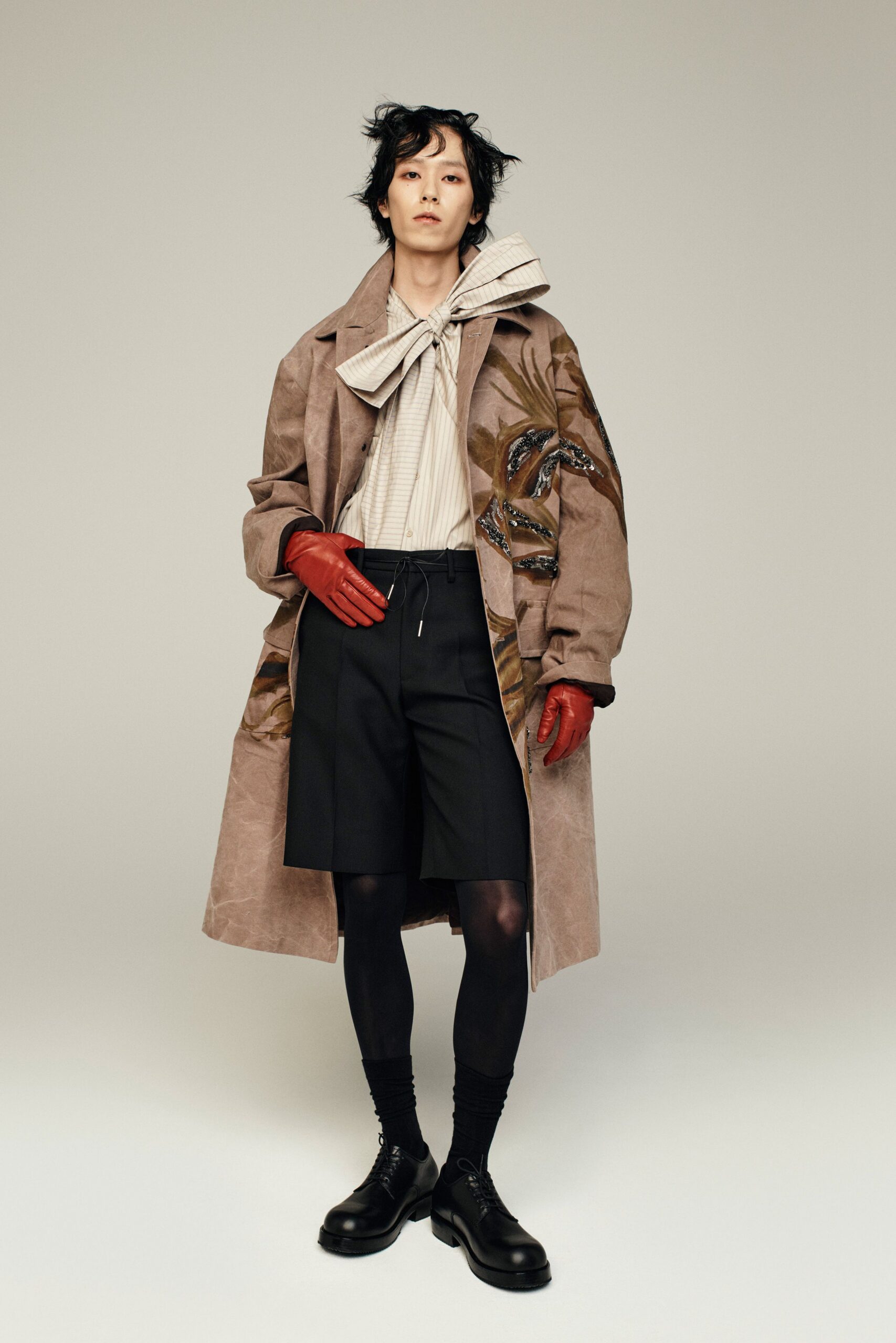 beige suede long-sleeve relaxed embroidered coat