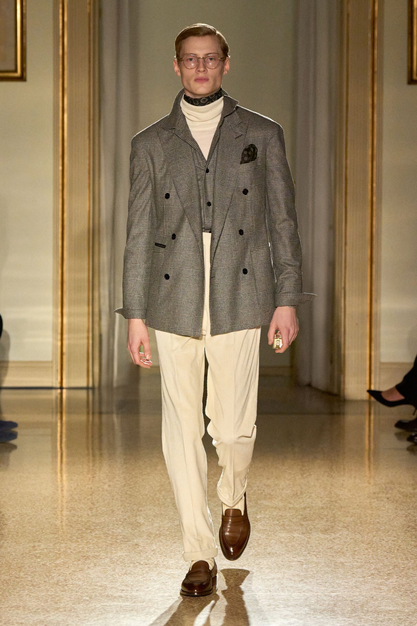 gray tailored blazer with ivory turtleneck