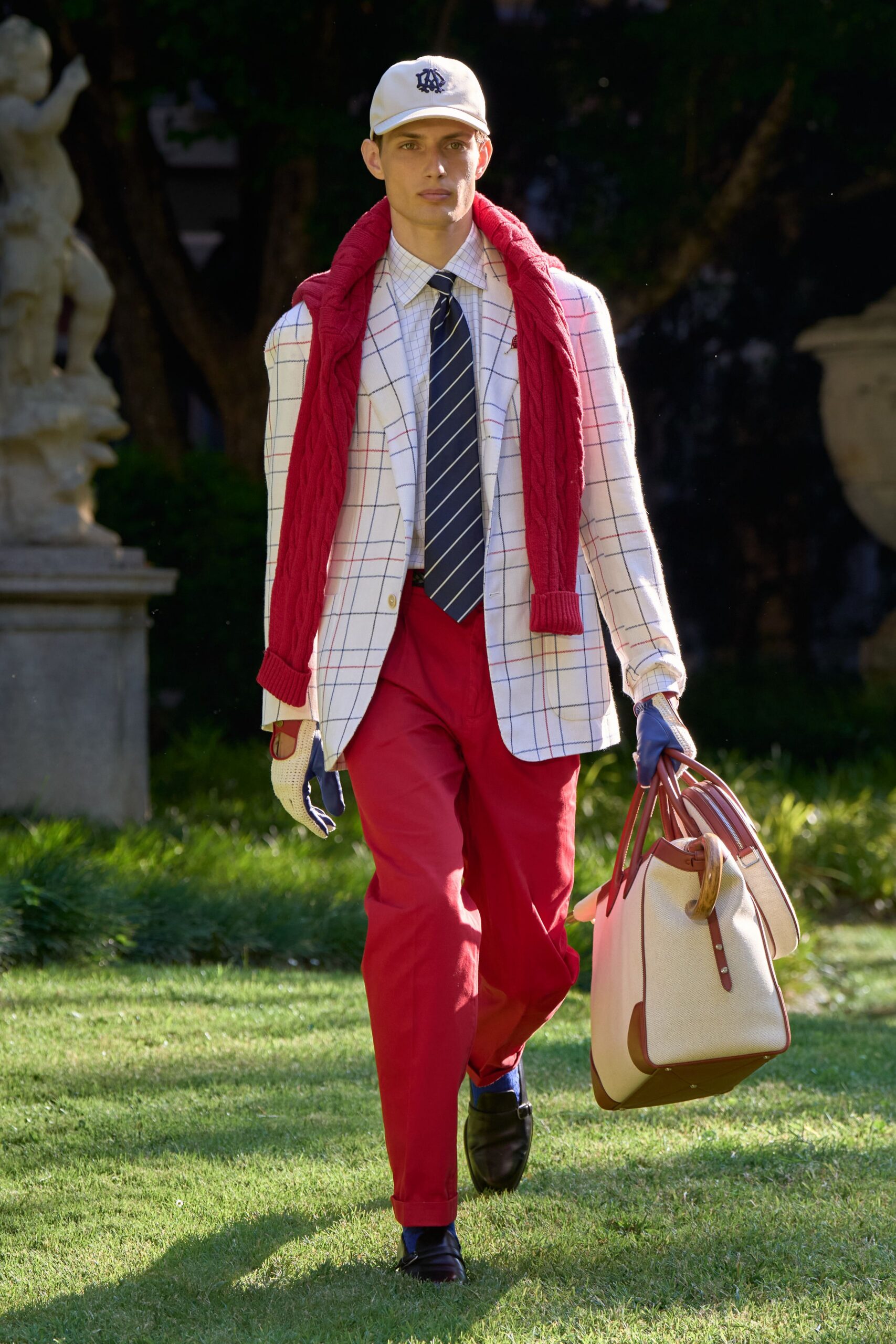 tailored checked blazer with red pants
